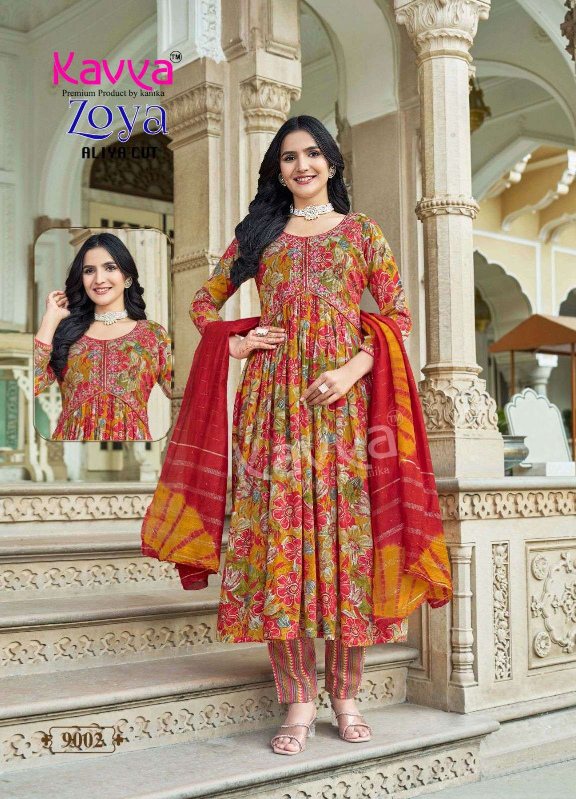 KAVYA ZOYA VOL 9 RAYON FANCY WORKS ALIYA CUT PATTERN KURTI COMBO SET 