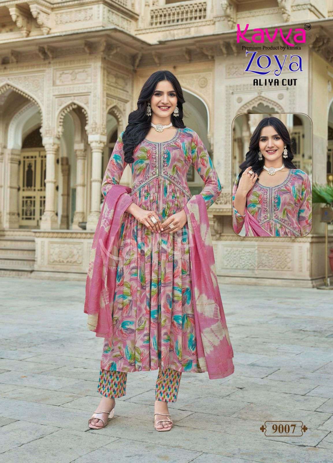 KAVYA ZOYA VOL 9 RAYON FANCY WORKS ALIYA CUT PATTERN KURTI COMBO SET 