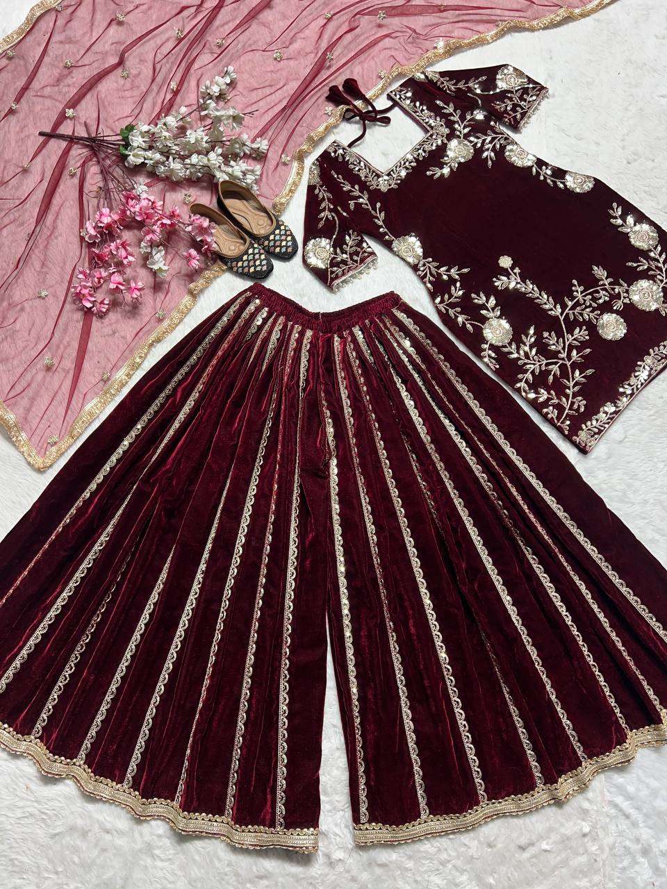 MD 3028 VELVET HEAVY DESIGNER WEDDING WEAR SHARARA SUIT