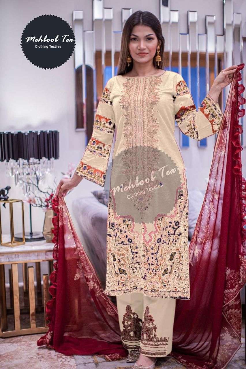 MEHBOOB TEX DESIGN NO - 1094 F PURE COTTON PRINT SELF EMBROIDERED SALWAR SUIT