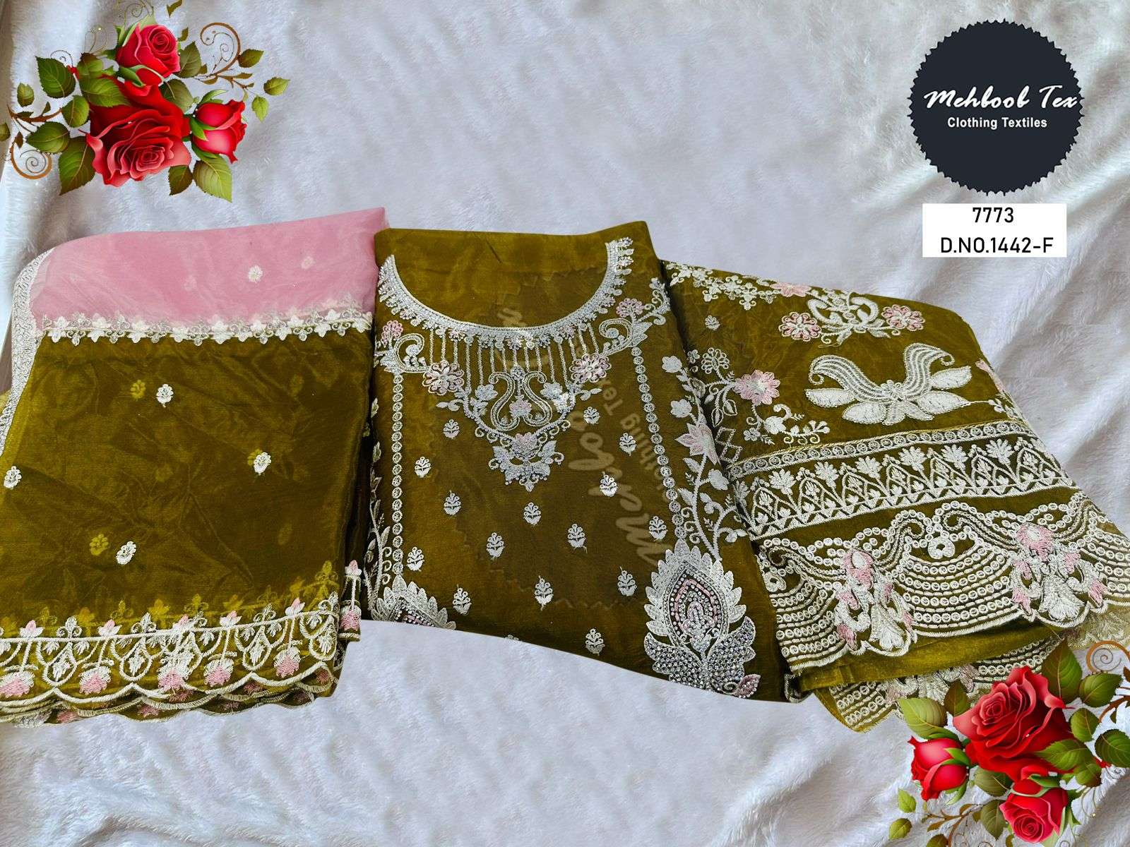 MEHBOOB TEX DESIGN NO - 1442 EFGH ORGANZA HEAVY EMBROIDERED HAND WORK PARTY WEAR SUIT