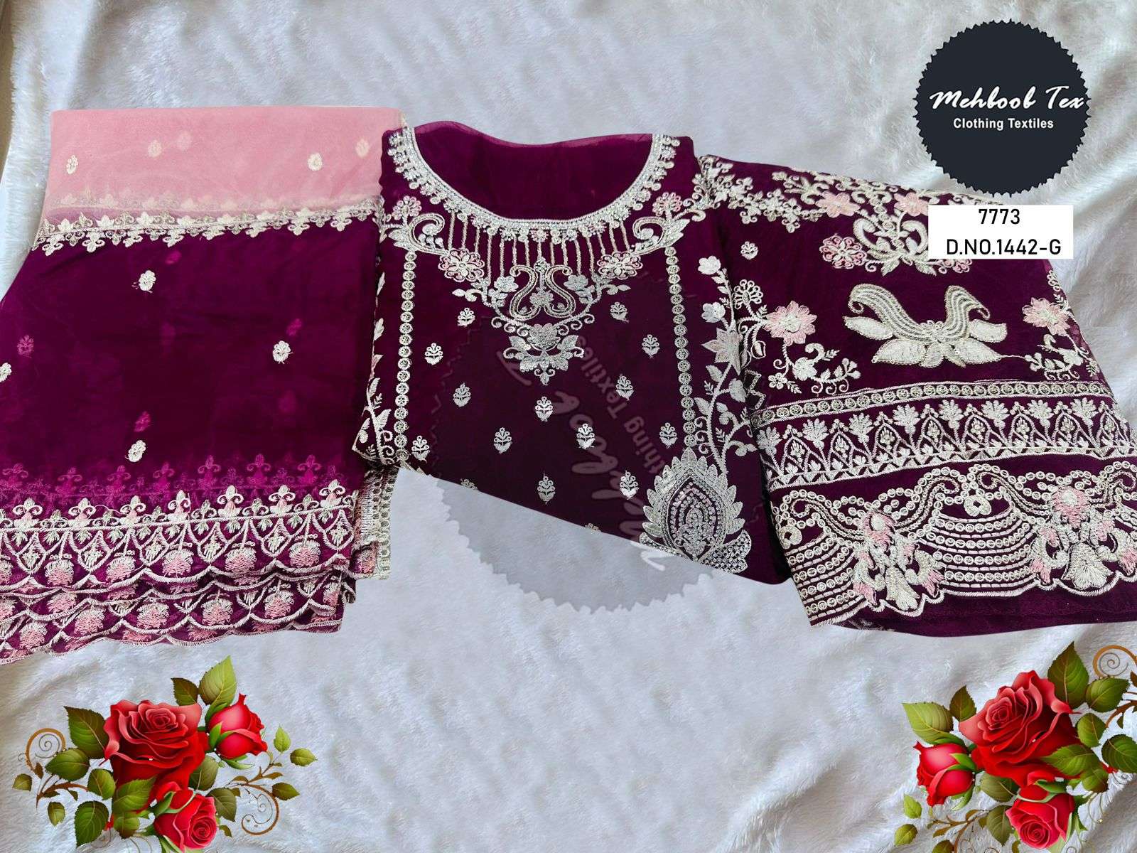 MEHBOOB TEX DESIGN NO - 1442 EFGH ORGANZA HEAVY EMBROIDERED HAND WORK PARTY WEAR SUIT