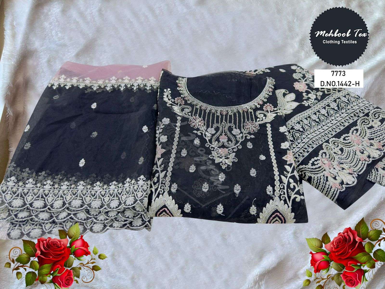 MEHBOOB TEX DESIGN NO - 1442 EFGH ORGANZA HEAVY EMBROIDERED HAND WORK PARTY WEAR SUIT