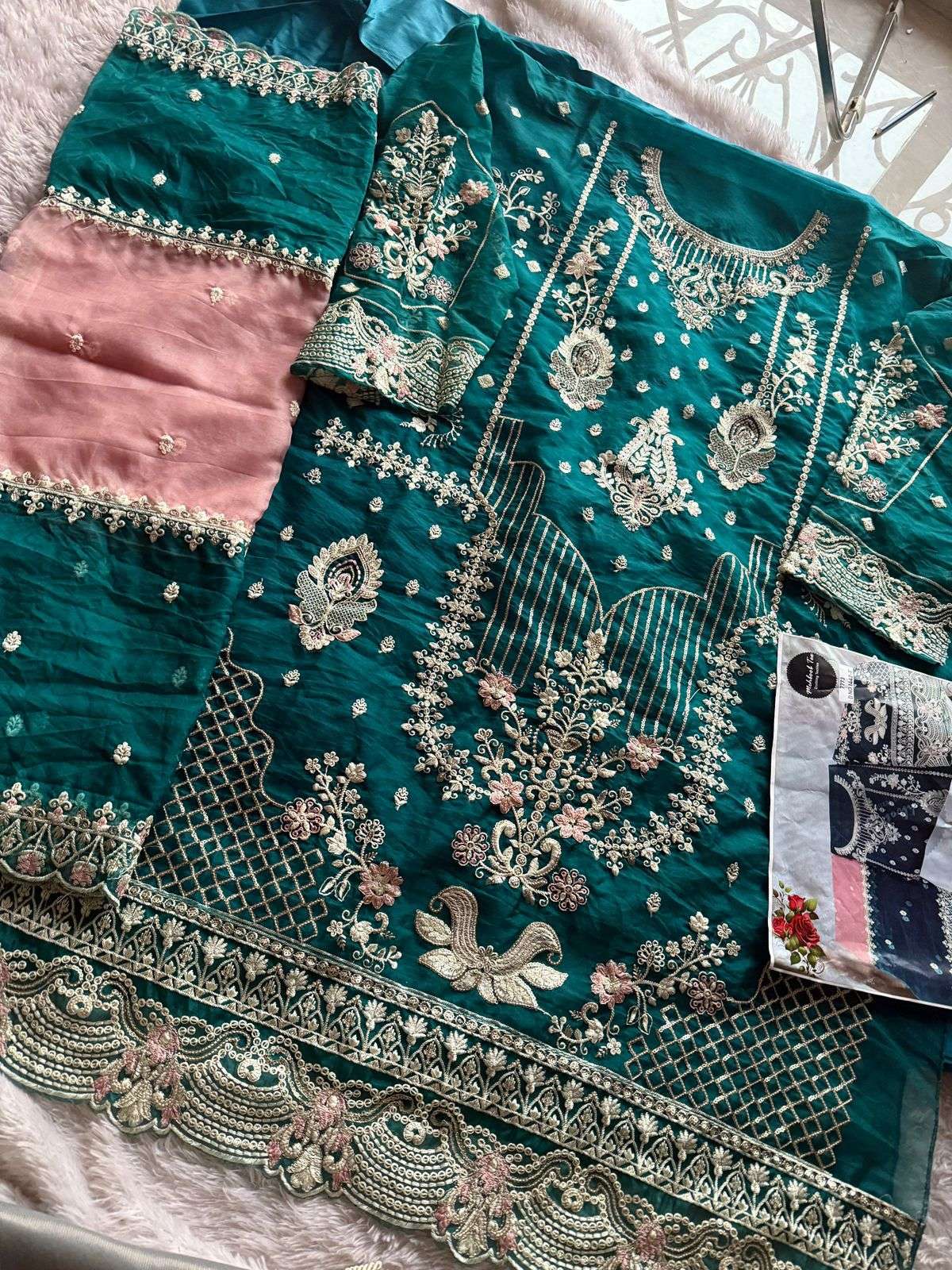 MEHBOOB TEX DESIGN NO - 1442 EFGH ORGANZA HEAVY EMBROIDERED HAND WORK PARTY WEAR SUIT