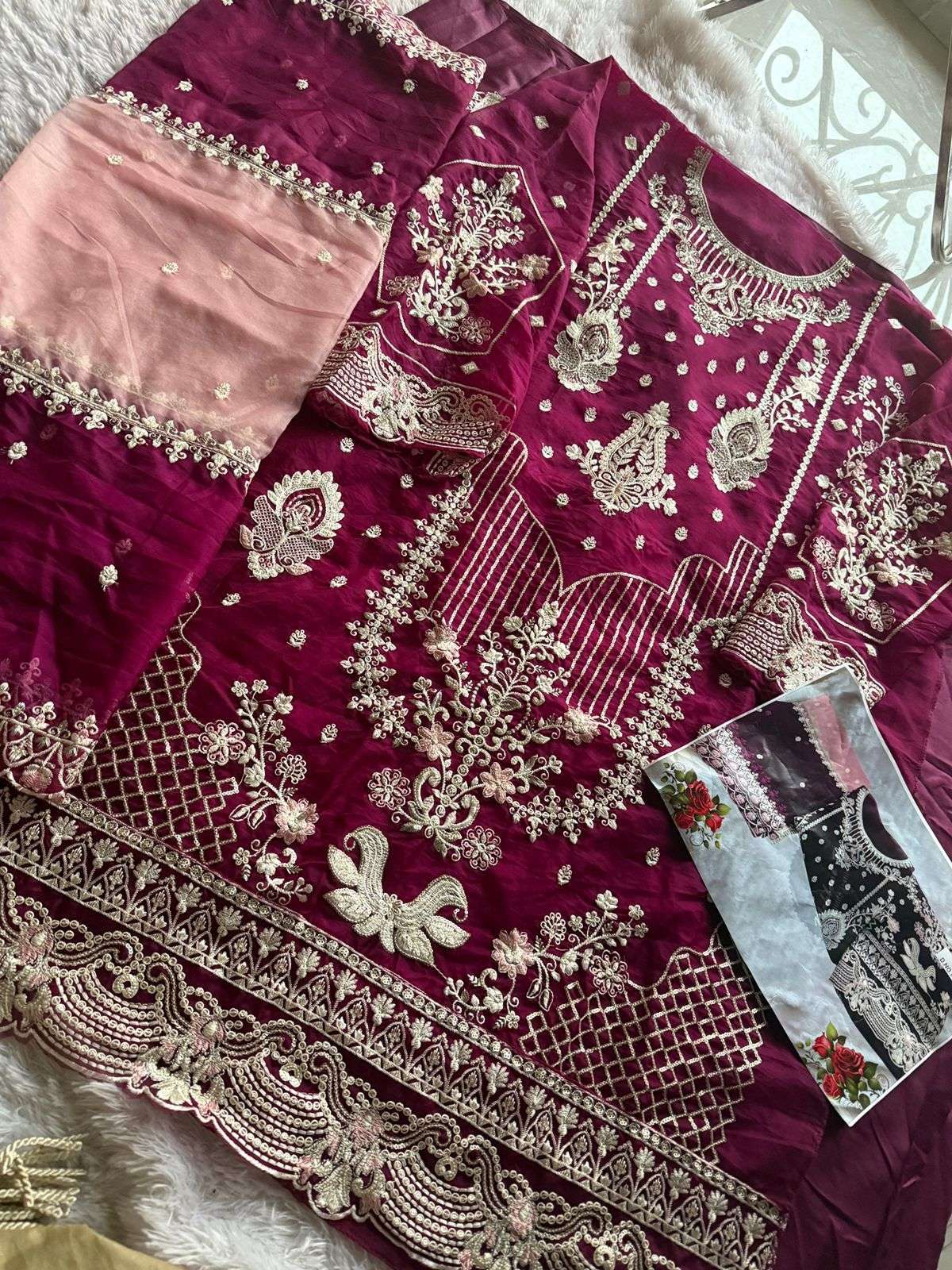 MEHBOOB TEX DESIGN NO - 1442 EFGH ORGANZA HEAVY EMBROIDERED HAND WORK PARTY WEAR SUIT