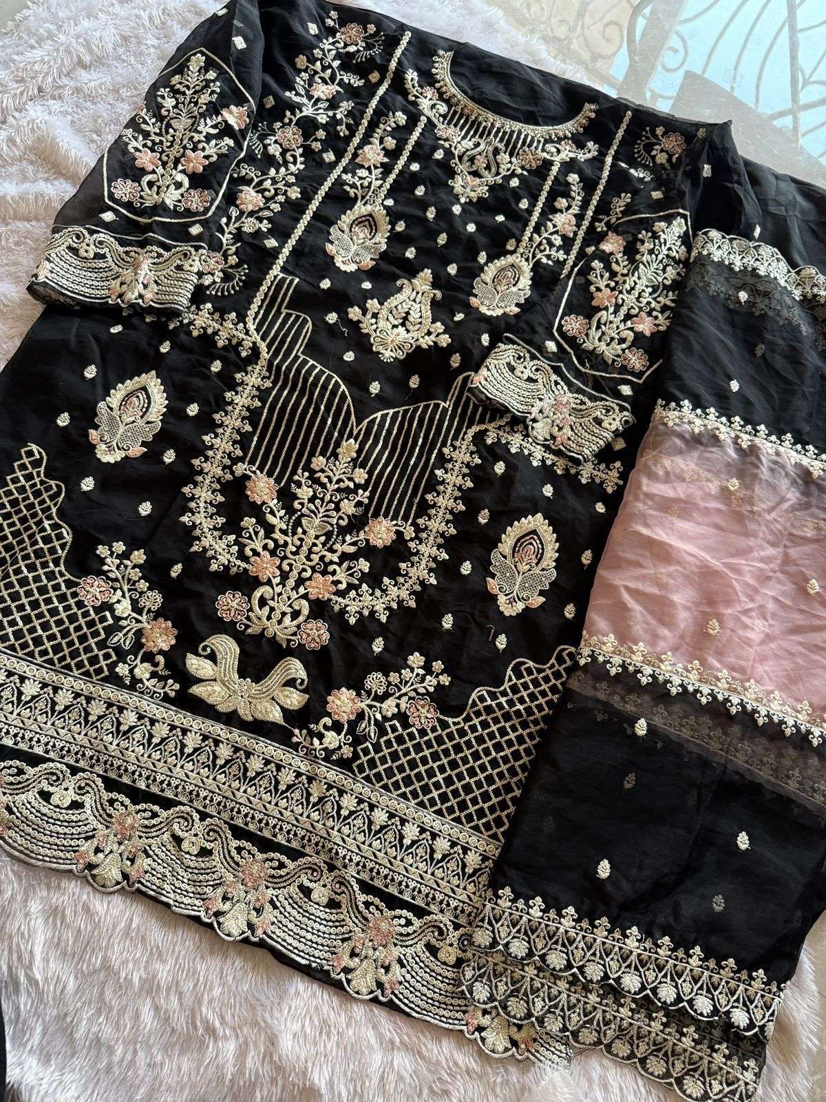 MEHBOOB TEX DESIGN NO - 1442 EFGH ORGANZA HEAVY EMBROIDERED HAND WORK PARTY WEAR SUIT