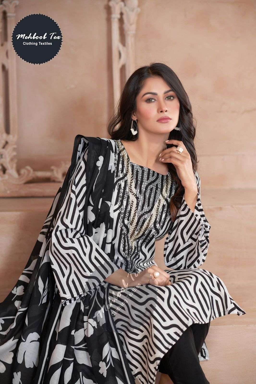 MEHBOOB TEX DESIGN NO - 1454 - 1456 LAWN SELF HEAVY EMBROIDERED PARTY WEAR SUIT