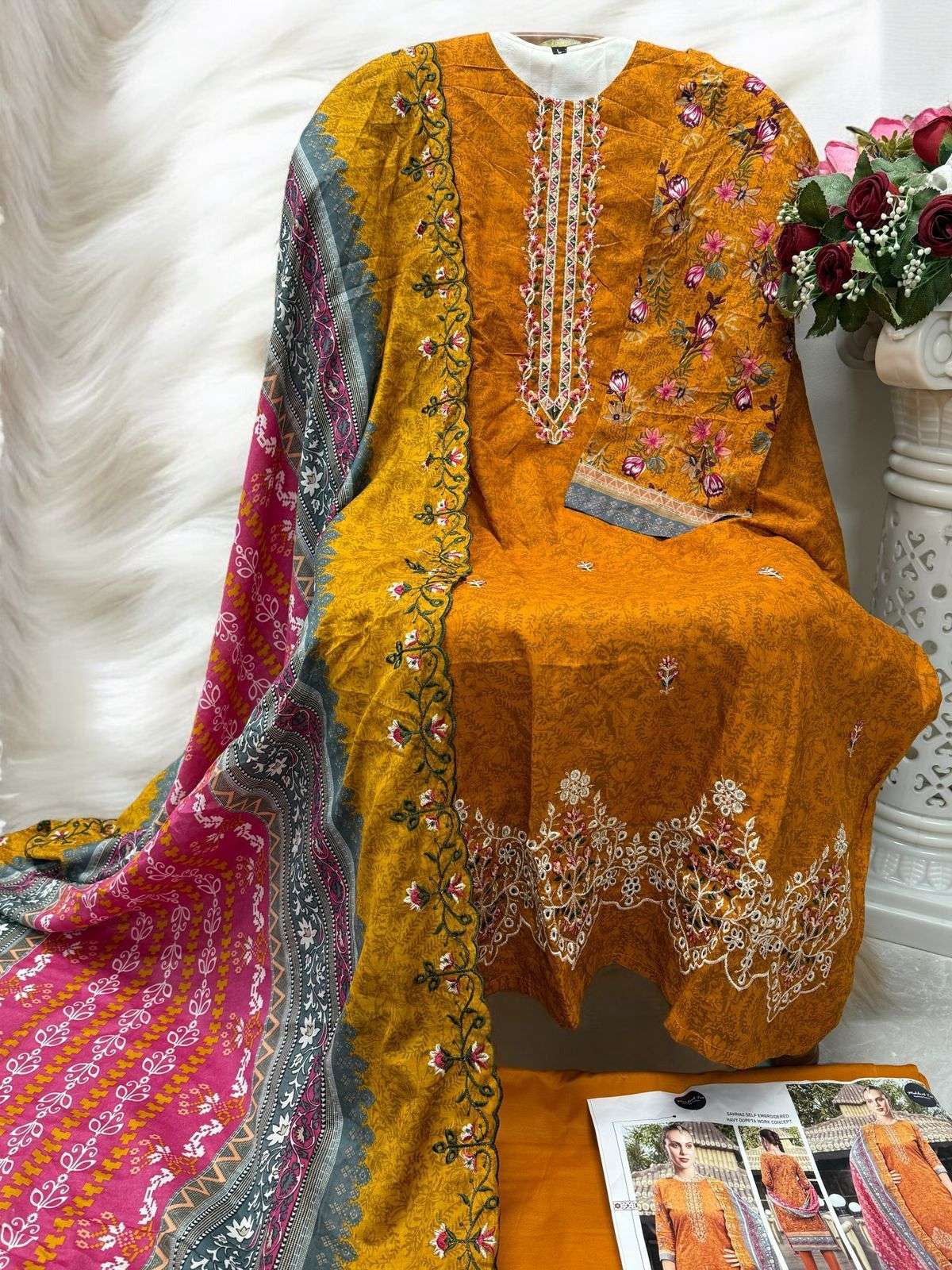 MEHBOOB TEX DESIGN NO - 1457-1458-1459-1460 PURE COTTON PRINT SELF EMBROIDERED PAKISTANI SALWAR SUIT
