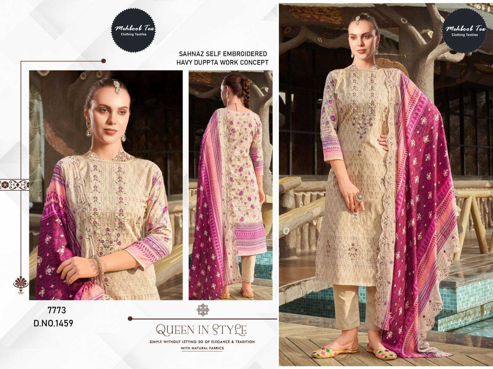 MEHBOOB TEX DESIGN NO - 1457-1458-1459-1460 PURE COTTON PRINT SELF EMBROIDERED PAKISTANI SALWAR SUIT