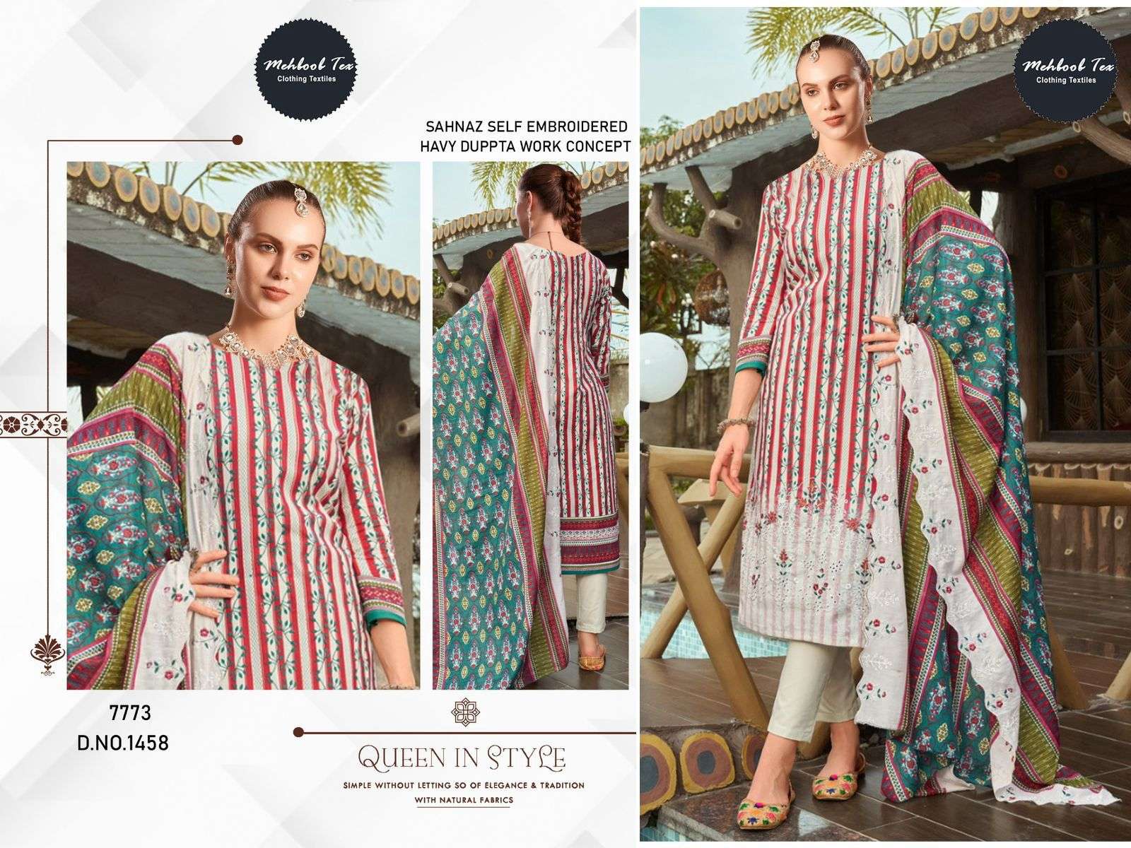 MEHBOOB TEX DESIGN NO - 1457-1458-1459-1460 PURE COTTON PRINT SELF EMBROIDERED PAKISTANI SALWAR SUIT