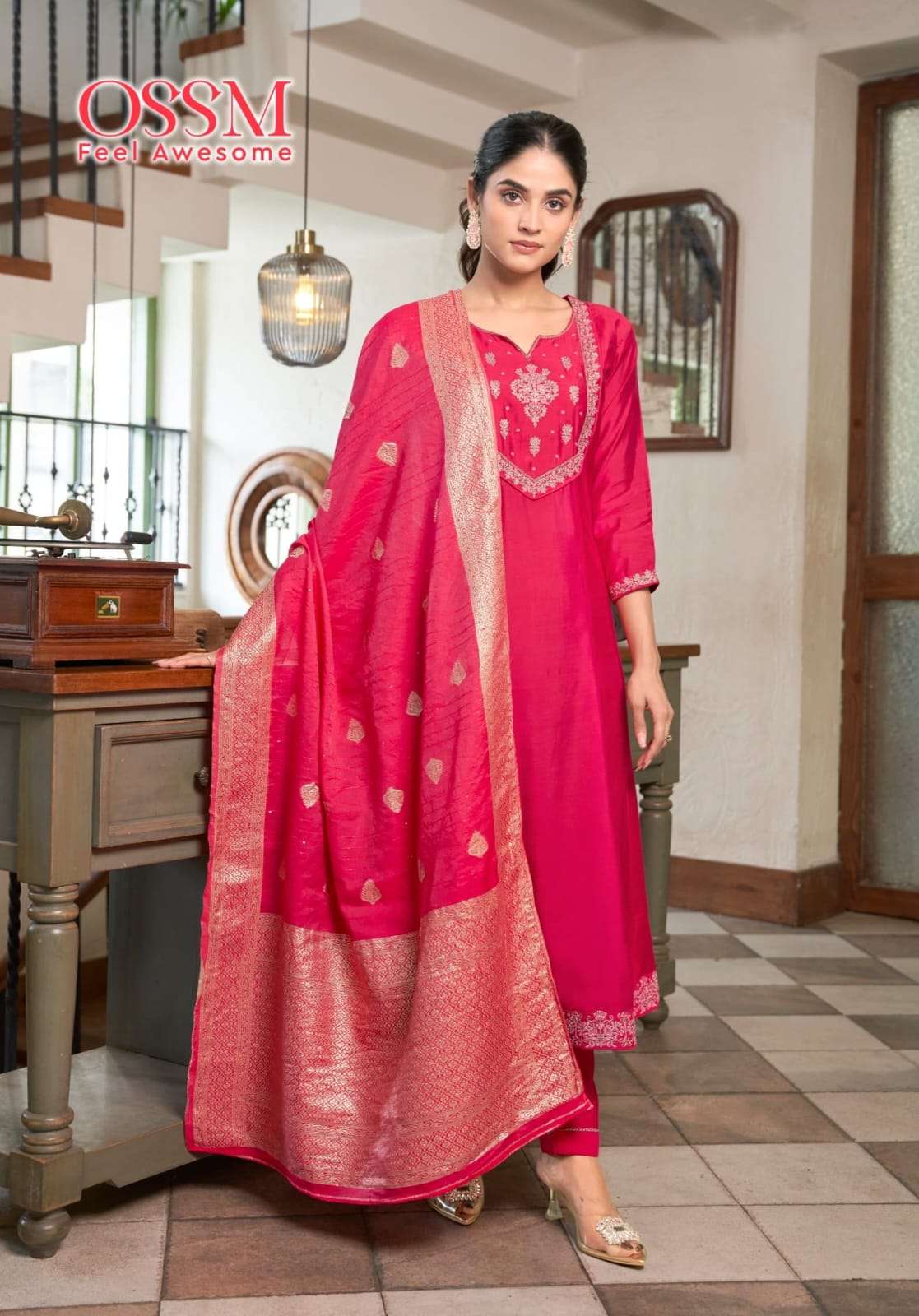 OSSM SARGAM SILK DESIGNER ANARKALI STYLE KURTI WITH BOTTOM AND DUPATTA