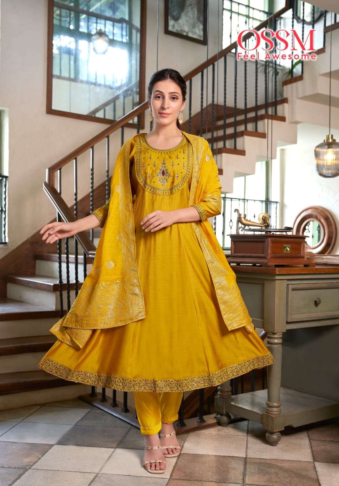OSSM SARGAM SILK DESIGNER ANARKALI STYLE KURTI WITH BOTTOM AND DUPATTA