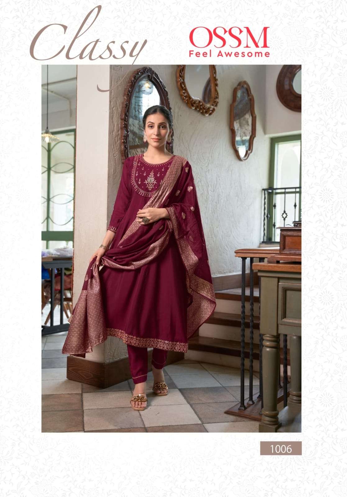 OSSM SARGAM SILK DESIGNER ANARKALI STYLE KURTI WITH BOTTOM AND DUPATTA