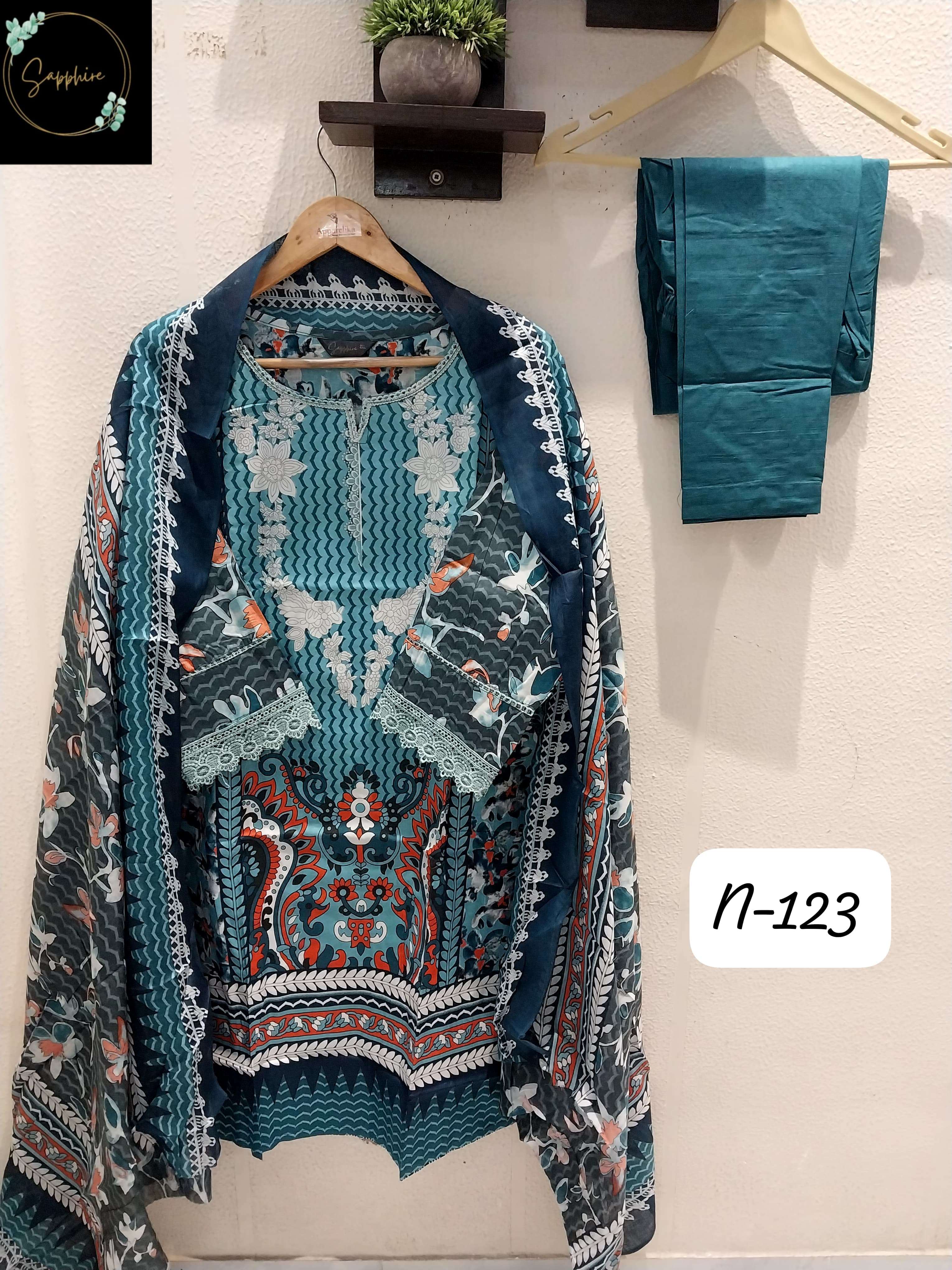 SAPPHIRE AGHA NOORAIN N 123 LAWN COTTON DIGITAL PRINT FANCY WORK SUIT