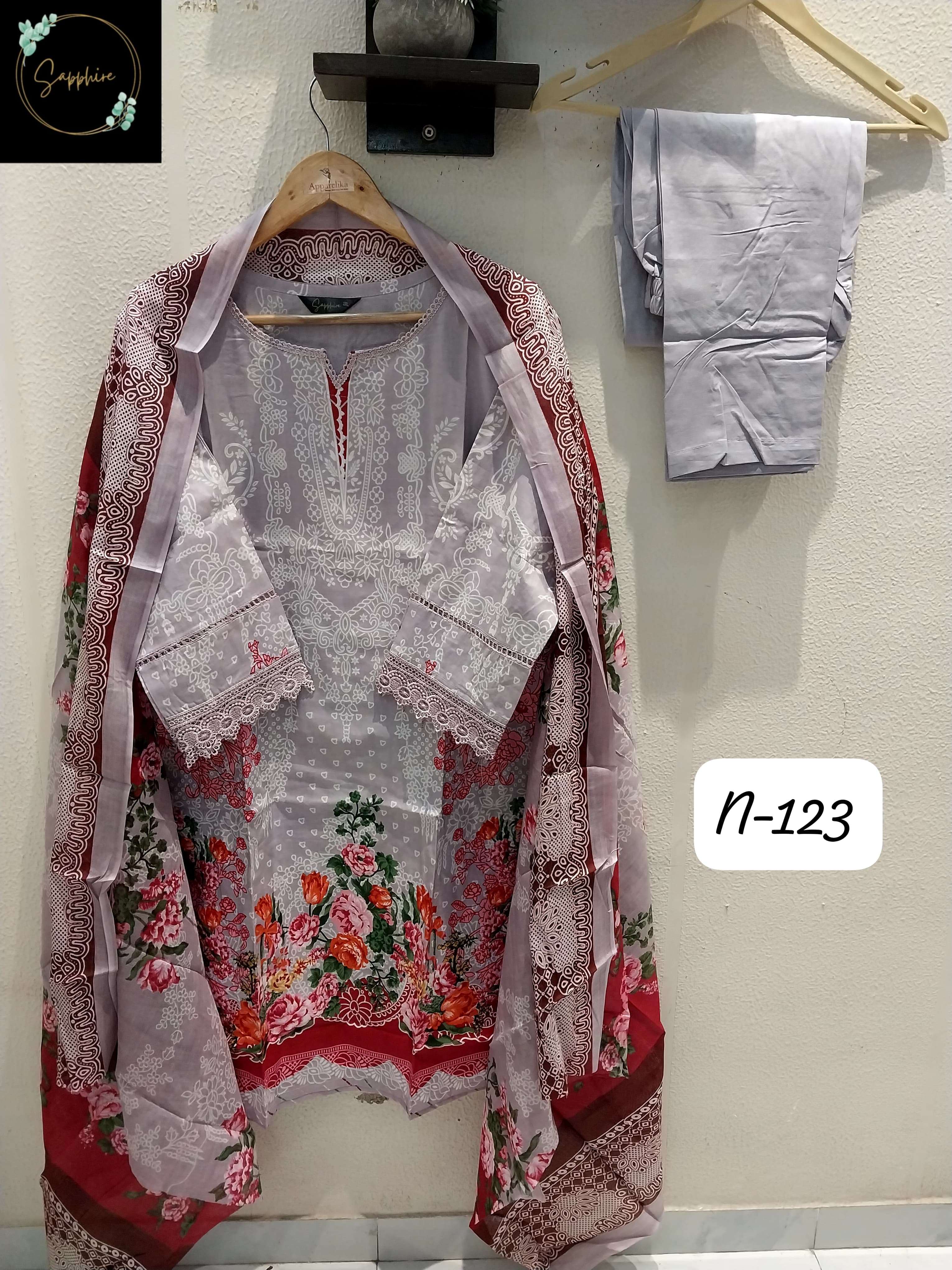 SAPPHIRE AGHA NOORAIN N 123 LAWN COTTON DIGITAL PRINT FANCY WORK SUIT
