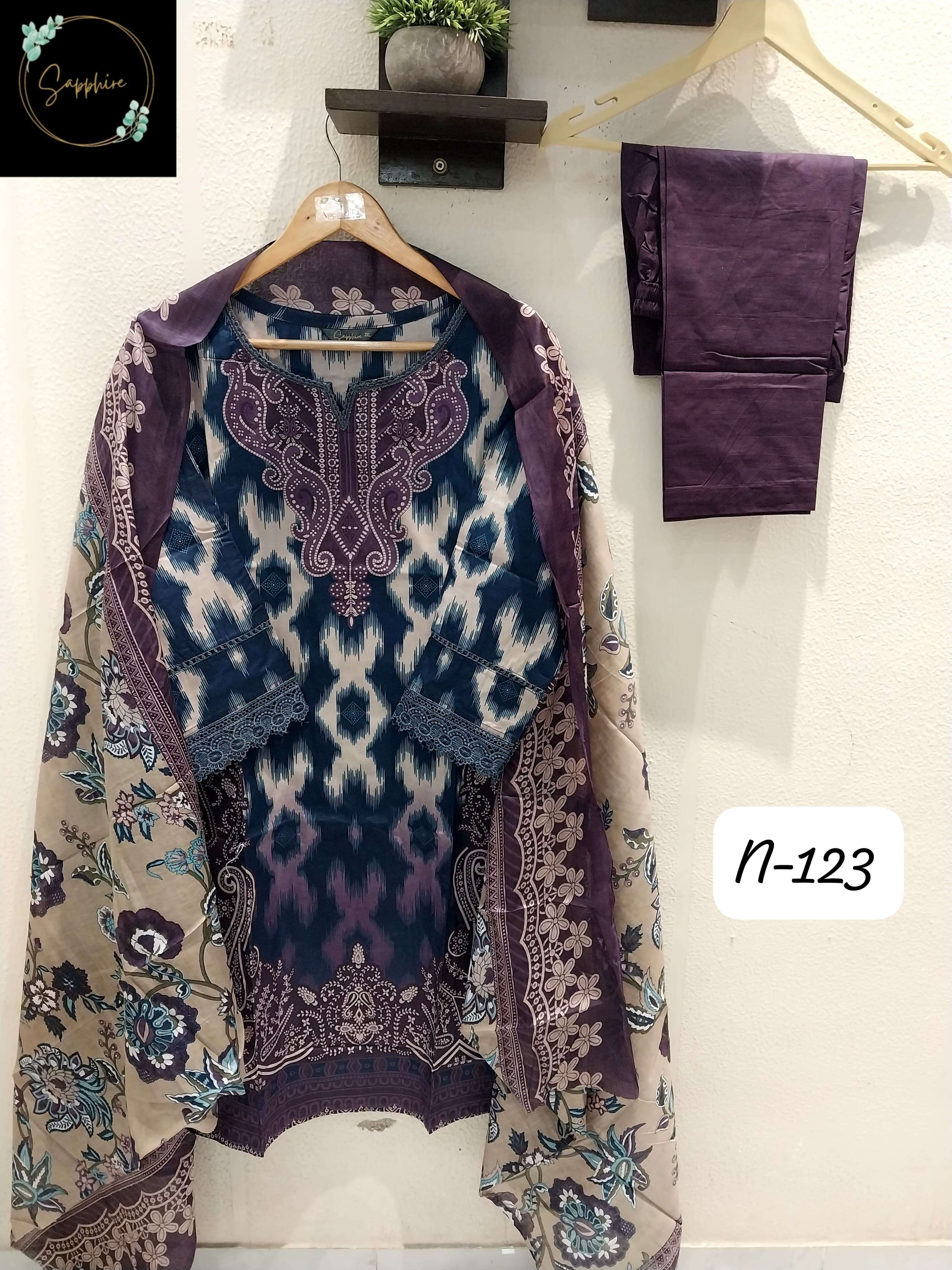 SAPPHIRE AGHA NOORAIN N 123 LAWN COTTON DIGITAL PRINT FANCY WORK SUIT