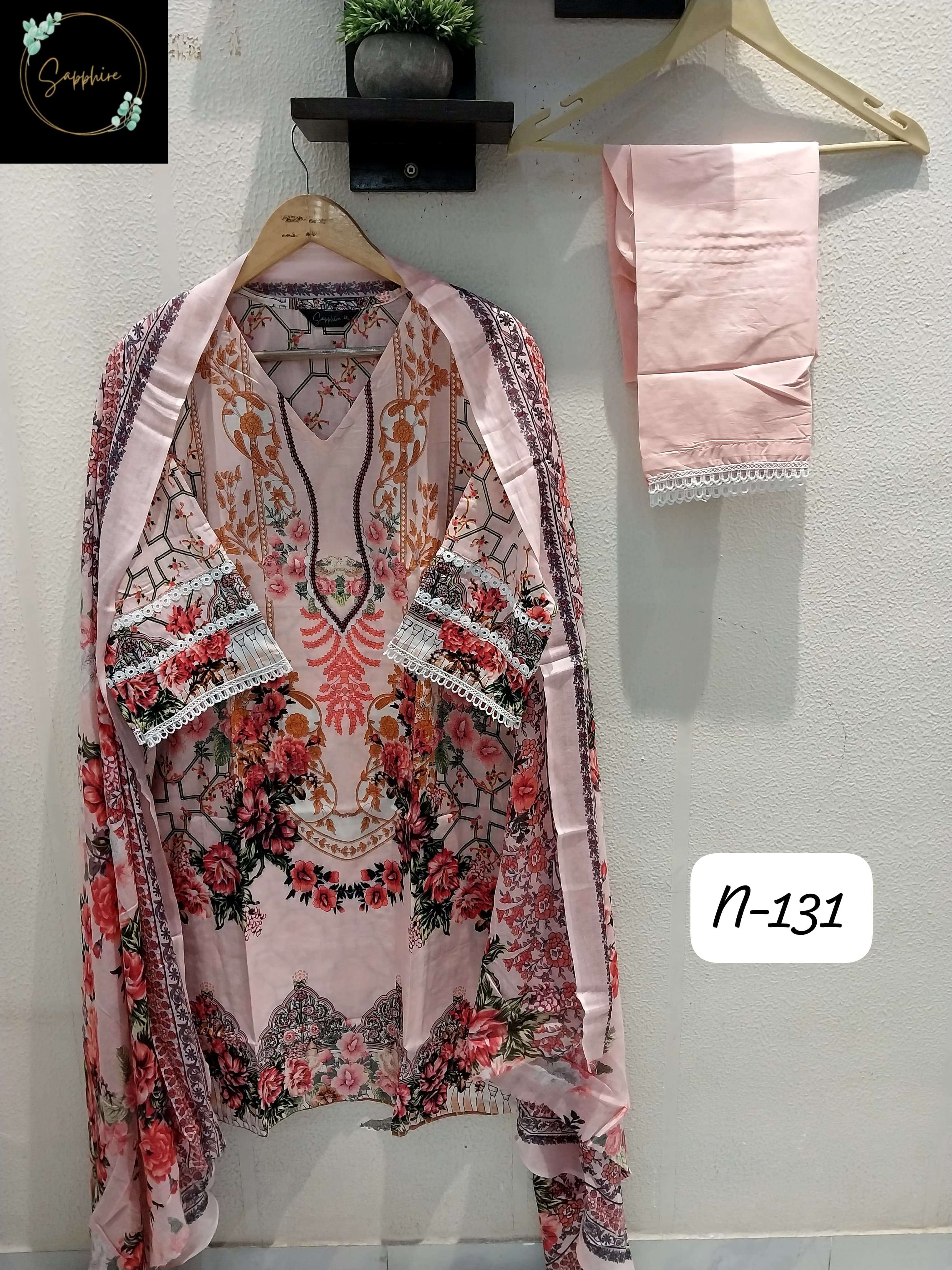SAPPHIRE AGHA NOORAIN N 130 LAWN COTTON FANCY WORK READY MADE SUIT