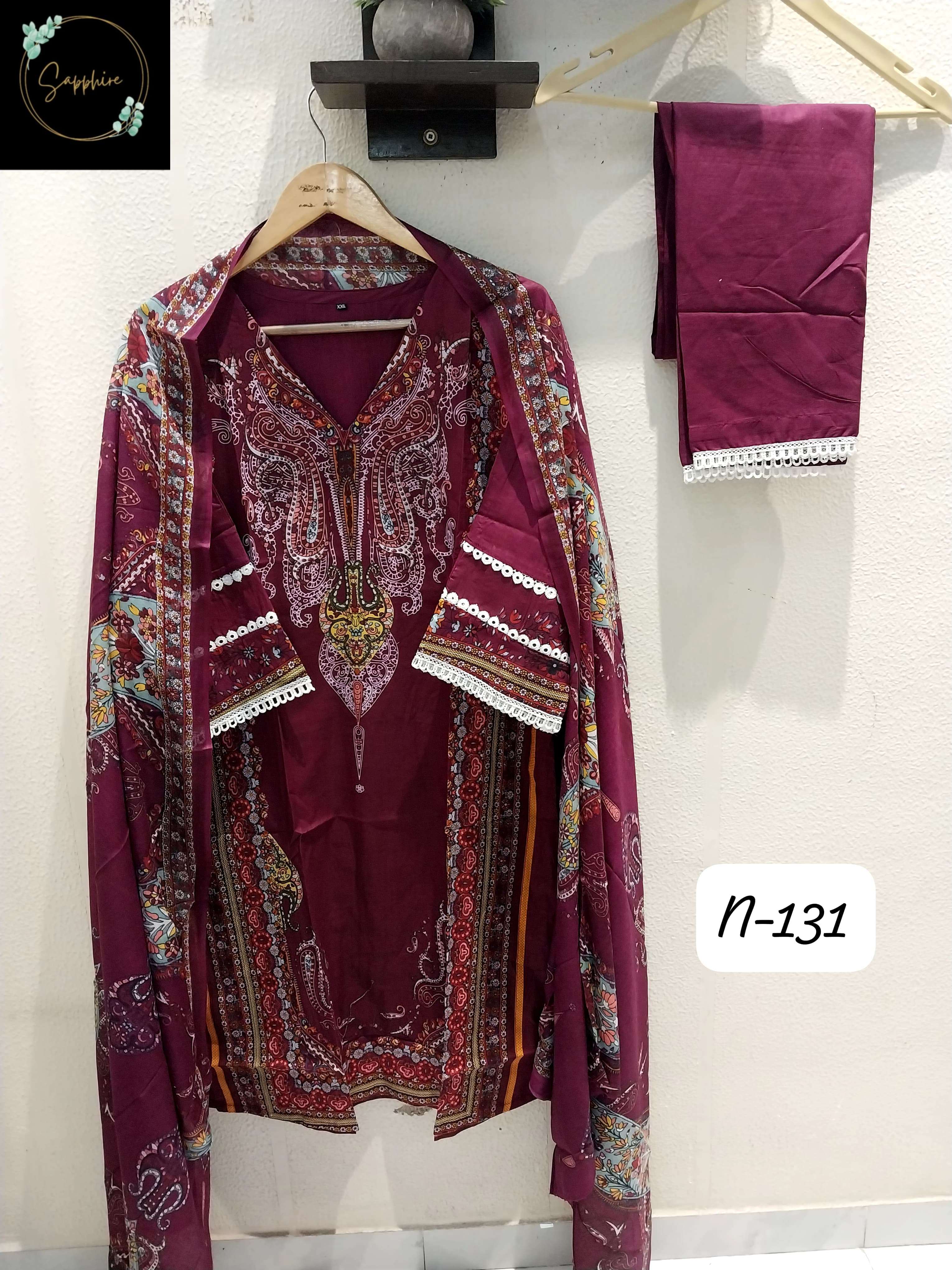 SAPPHIRE AGHA NOORAIN N 130 LAWN COTTON FANCY WORK READY MADE SUIT