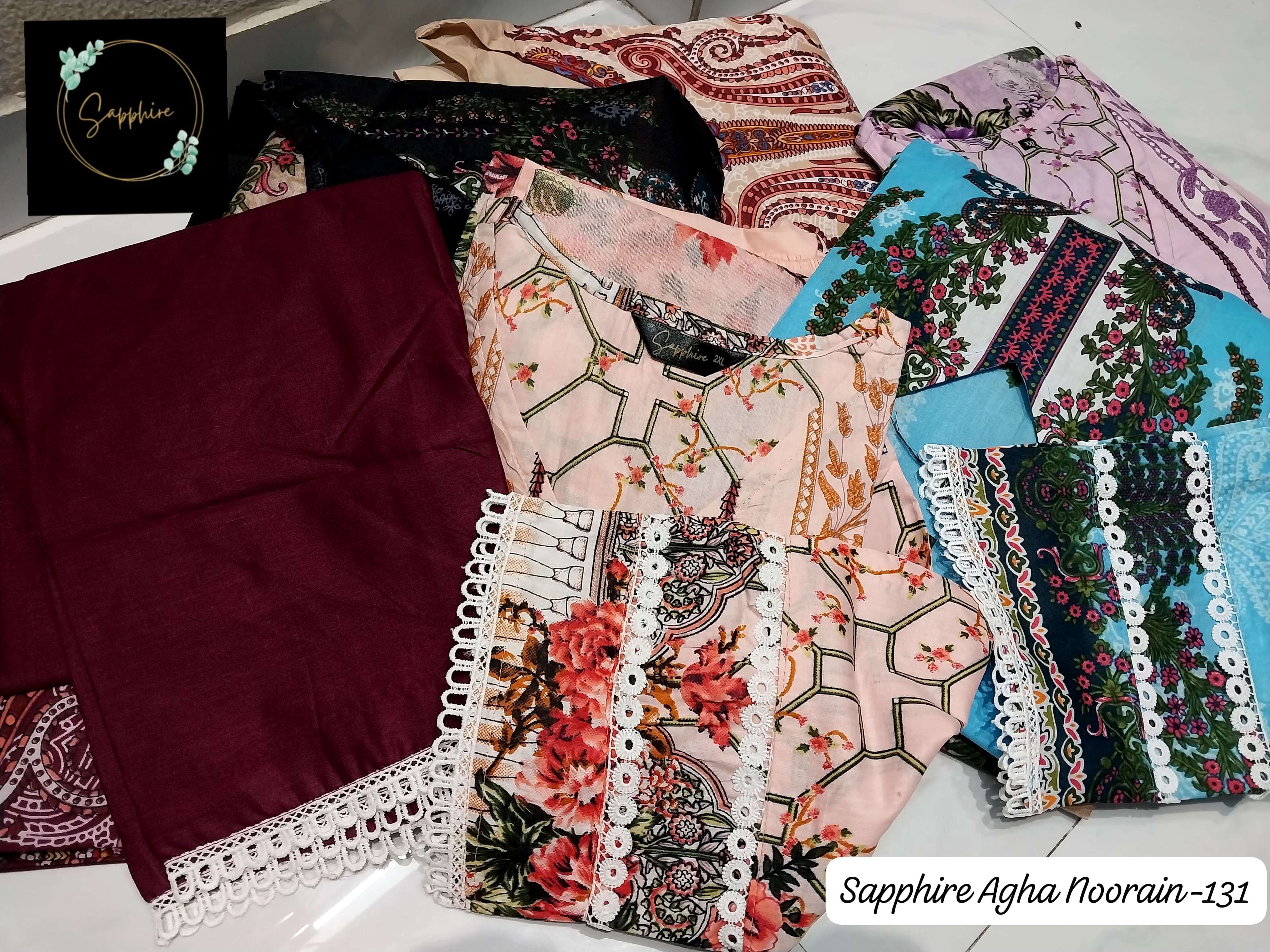 SAPPHIRE AGHA NOORAIN N 130 LAWN COTTON FANCY WORK READY MADE SUIT