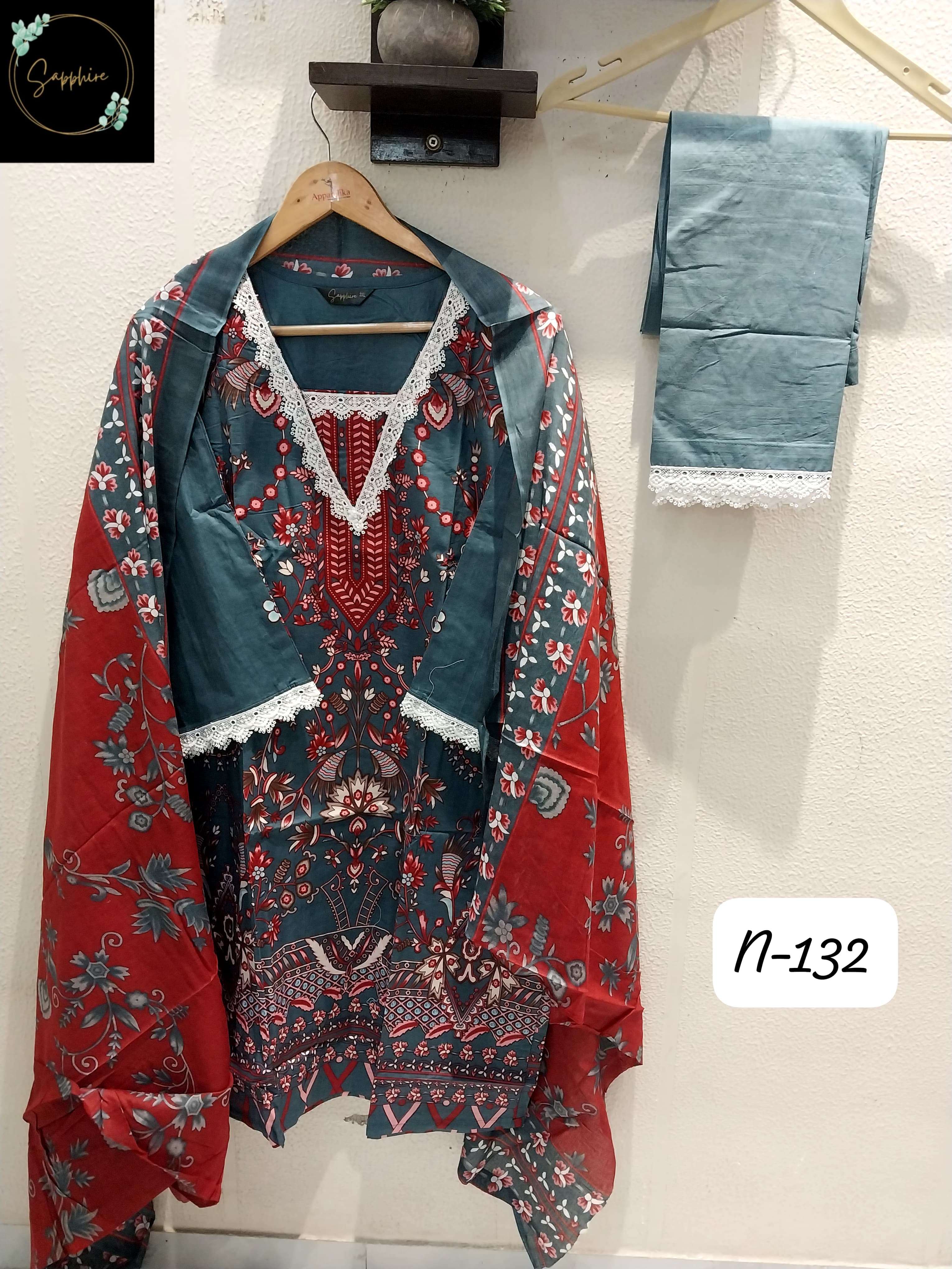 SAPPHIRE AGHA NOORAIN N 132 LAWN COTTON FANCY WORK SUIT