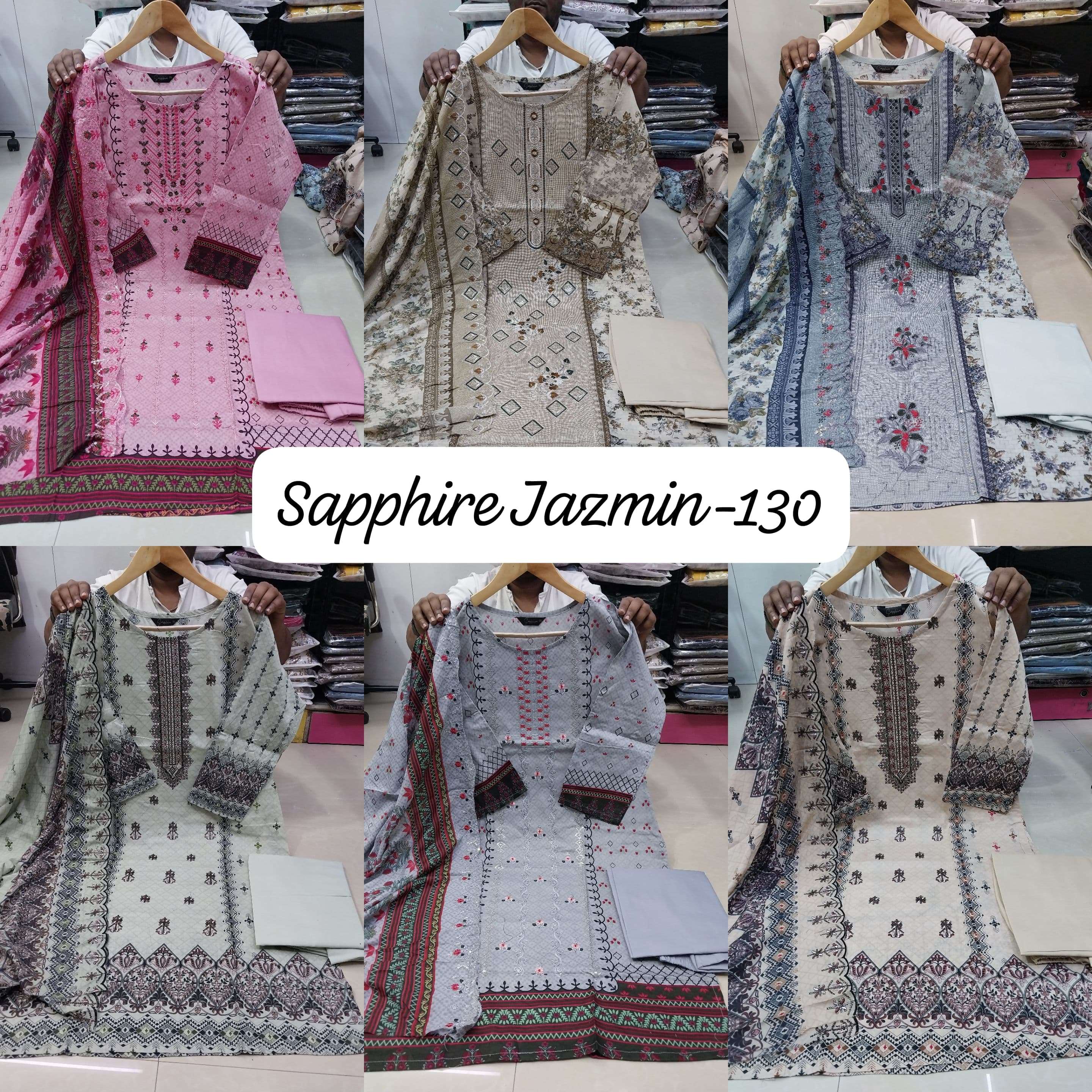 SAPPHIRE JAZMIN VOL 130 LAWN COTTON  EMBROIDERY WORK FANCY PAKISTANI SUIT