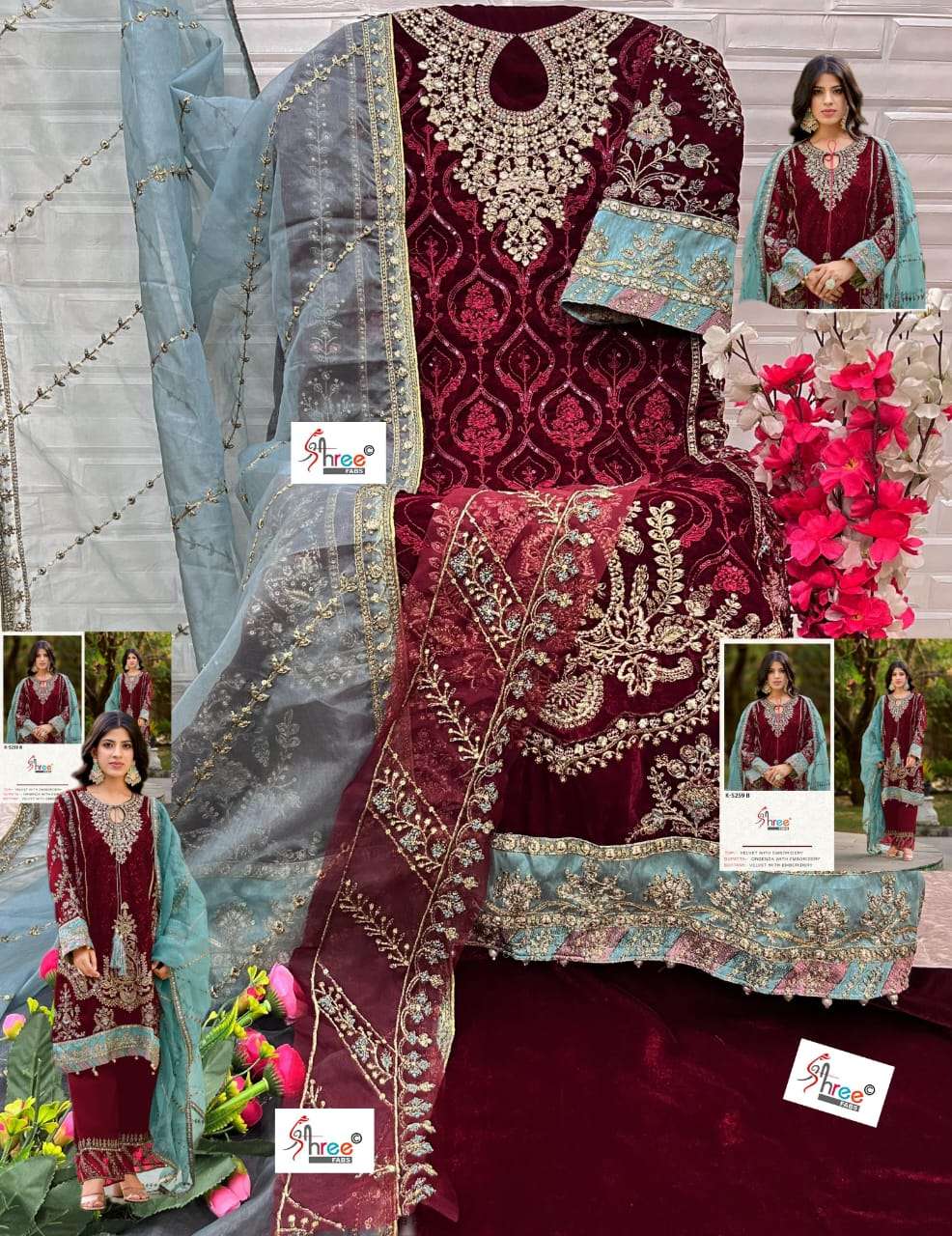 SHREE FAB DESIGN NO - 5259 VELVET HEAVY EMBROIDERED BEAUTIFUL PARTY WEAR SUIT