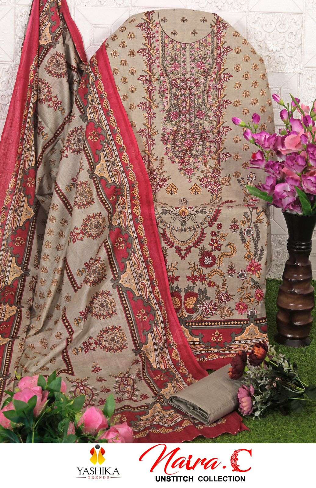 YASHIKA TRENDS NAYRA C COTTON PRINTED WITH FANCY WORK SUIT