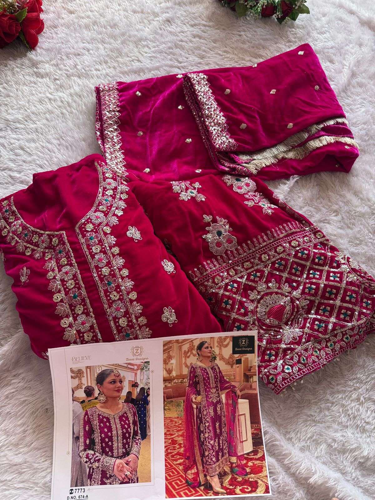 ZIAAZ DESIGNS CODE NO - 674 A KALI STYLE VELVET BEAUTIFUL EMBROIDERED PARTY WEAR SUIT