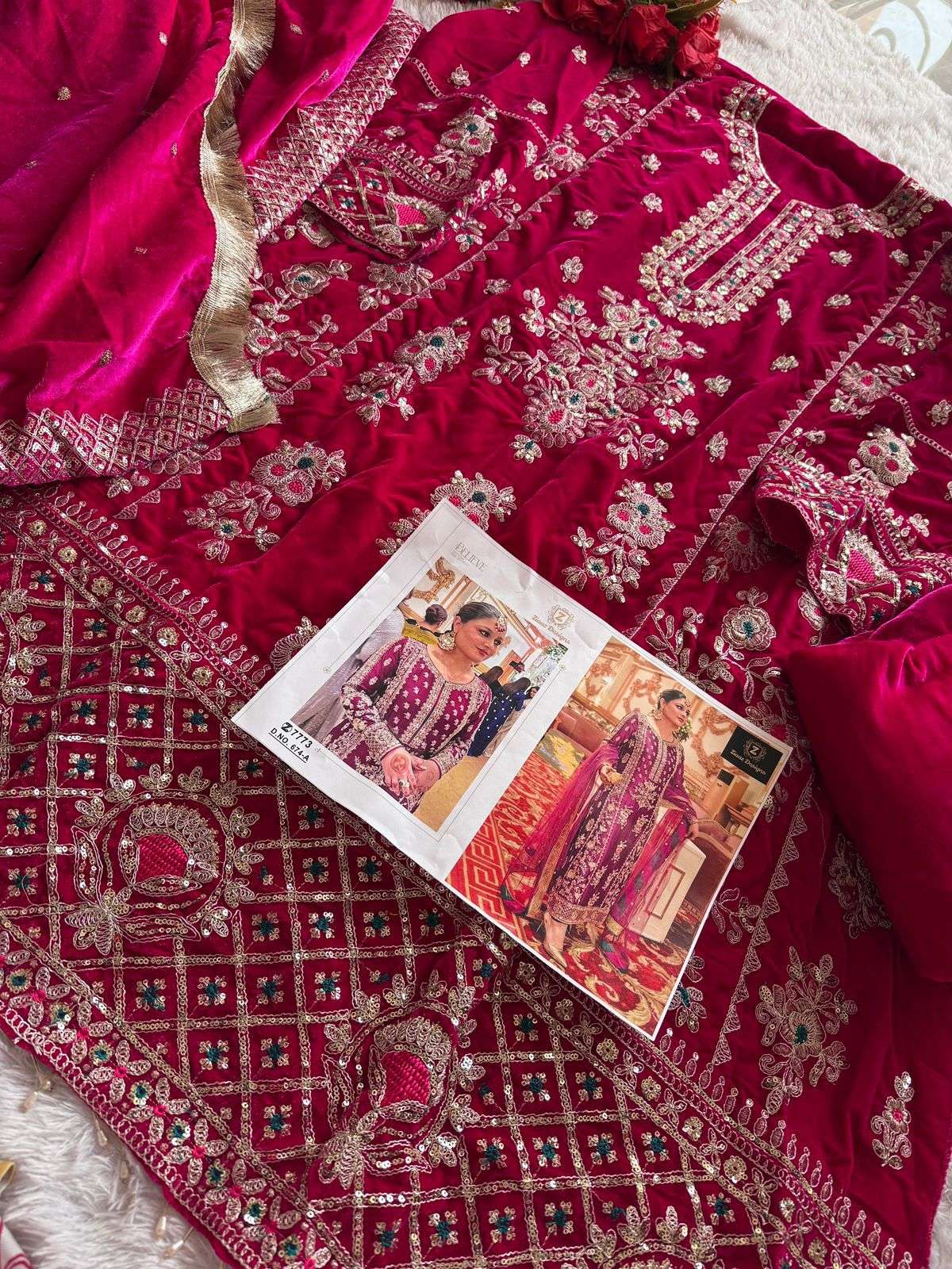 ZIAAZ DESIGNS CODE NO - 674 A KALI STYLE VELVET BEAUTIFUL EMBROIDERED PARTY WEAR SUIT