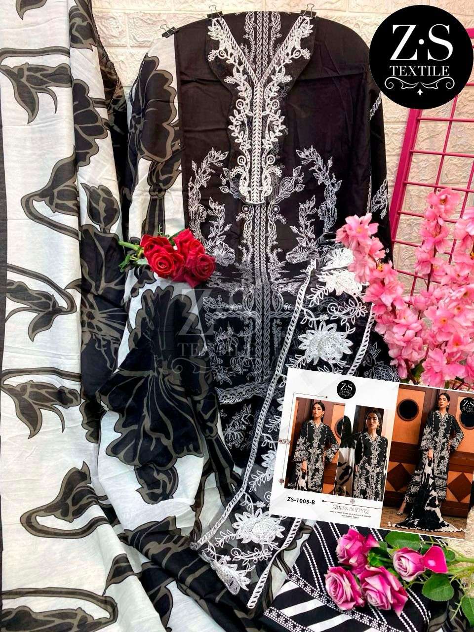 ZS TEXTILES DESIGN NO - 1005 AB PURE COTTON PRINT EXCLUSIVE EMBROIDERED SALWAR SUIT