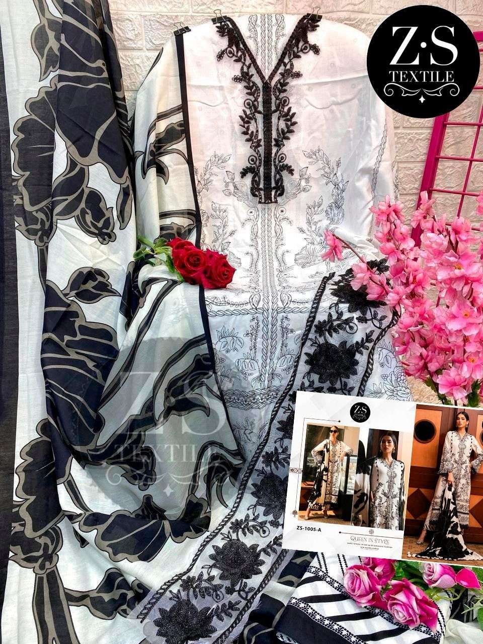 ZS TEXTILES DESIGN NO - 1005 AB PURE COTTON PRINT EXCLUSIVE EMBROIDERED SALWAR SUIT