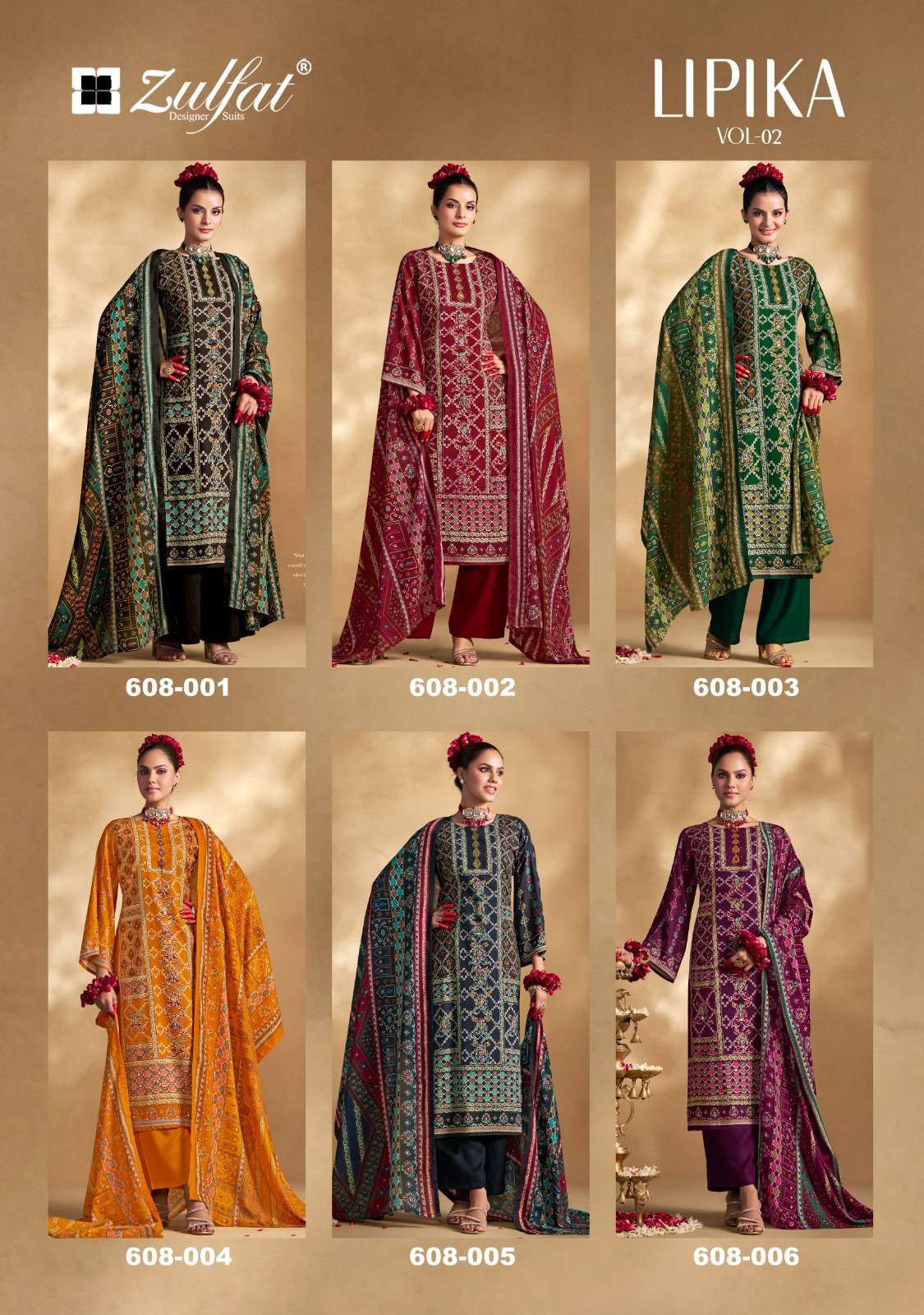 ZULFAT DESIGNER SUITS LIPIKA VOL 2 VISCOSE PRINT WITH FANCY WORK SUIT