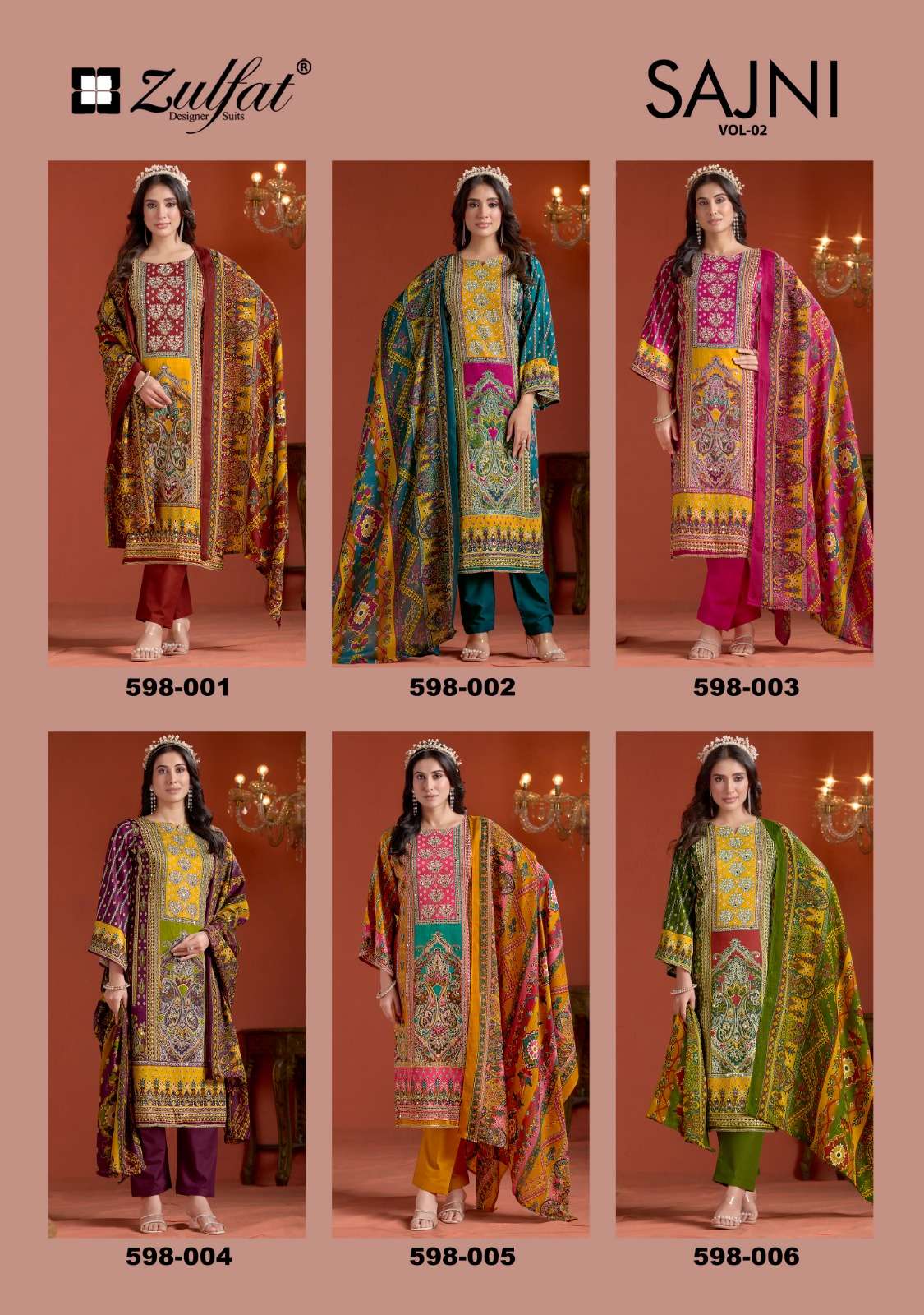 ZULFAT DESIGNER SUITS SAJNI VOL 2 JAM COTTON PRINT WITH FANCY WORK SUIT