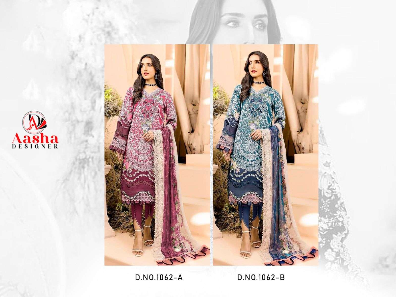 AASHA DESIGNER DESIGN NO - 1062 A-B PURE COTTON PRINT HEAVY EMBROIDERED SALWAR SUIT