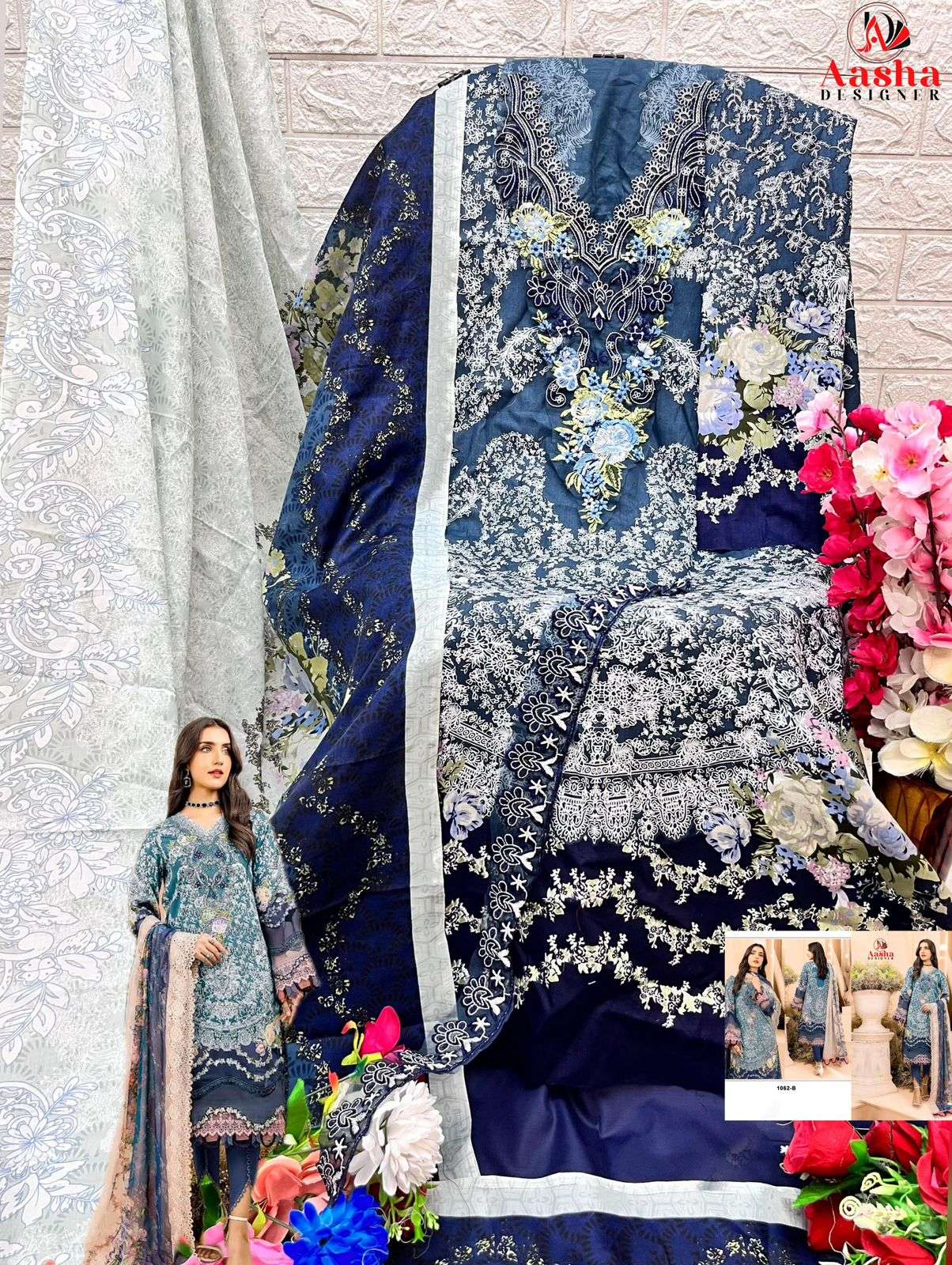 AASHA DESIGNER DESIGN NO - 1062 A-B PURE COTTON PRINT HEAVY EMBROIDERED SALWAR SUIT