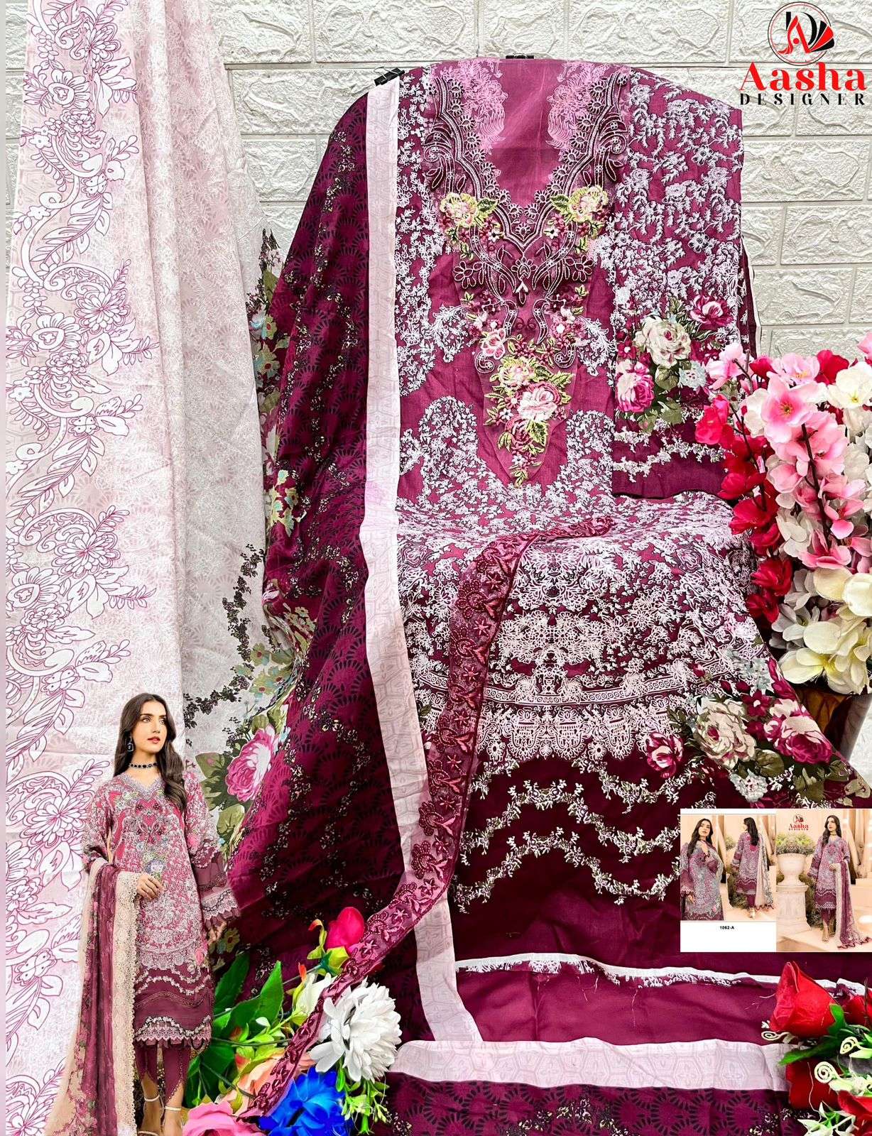 AASHA DESIGNER DESIGN NO - 1062 A-B PURE COTTON PRINT HEAVY EMBROIDERED SALWAR SUIT