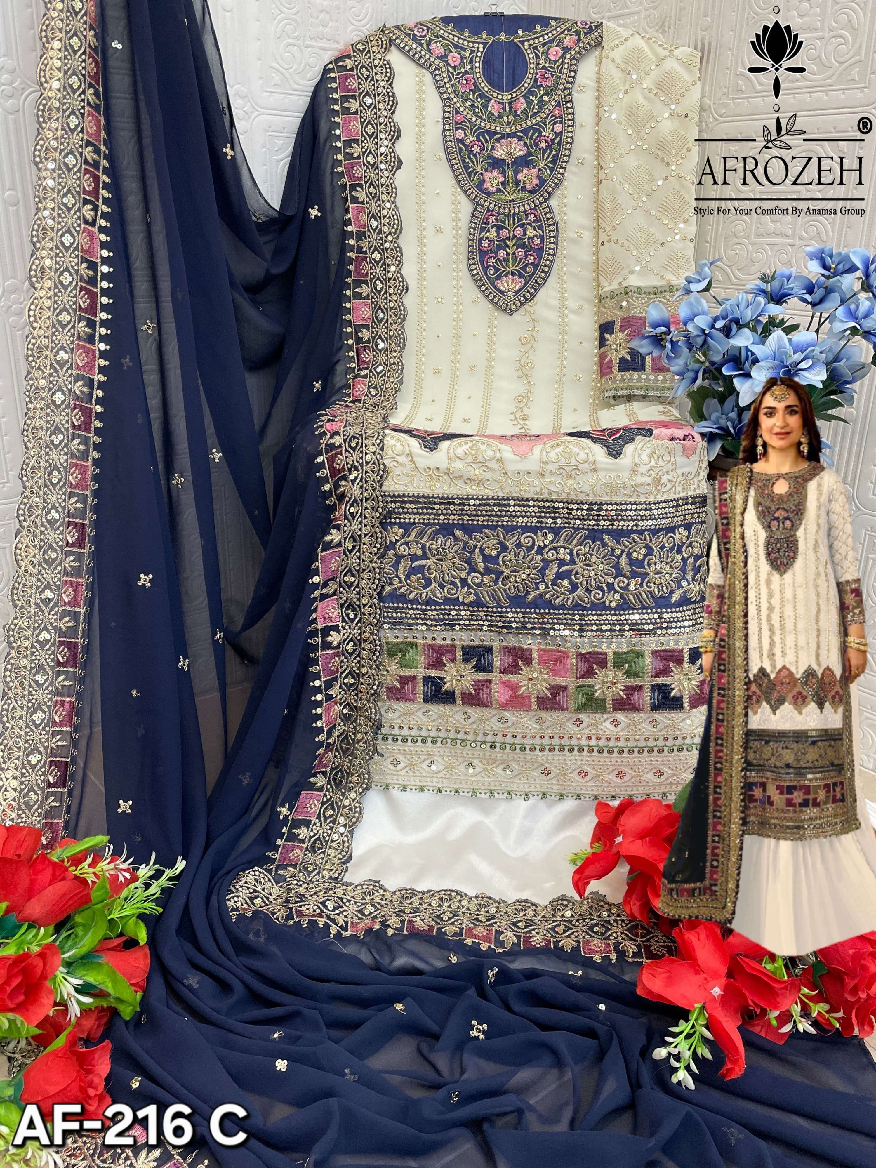 AFROZEH DESIGN NO - 216 ABCD PURE FOX GEORGETTE HEAVY EMBROIDERED PARTY WEAR SUIT 