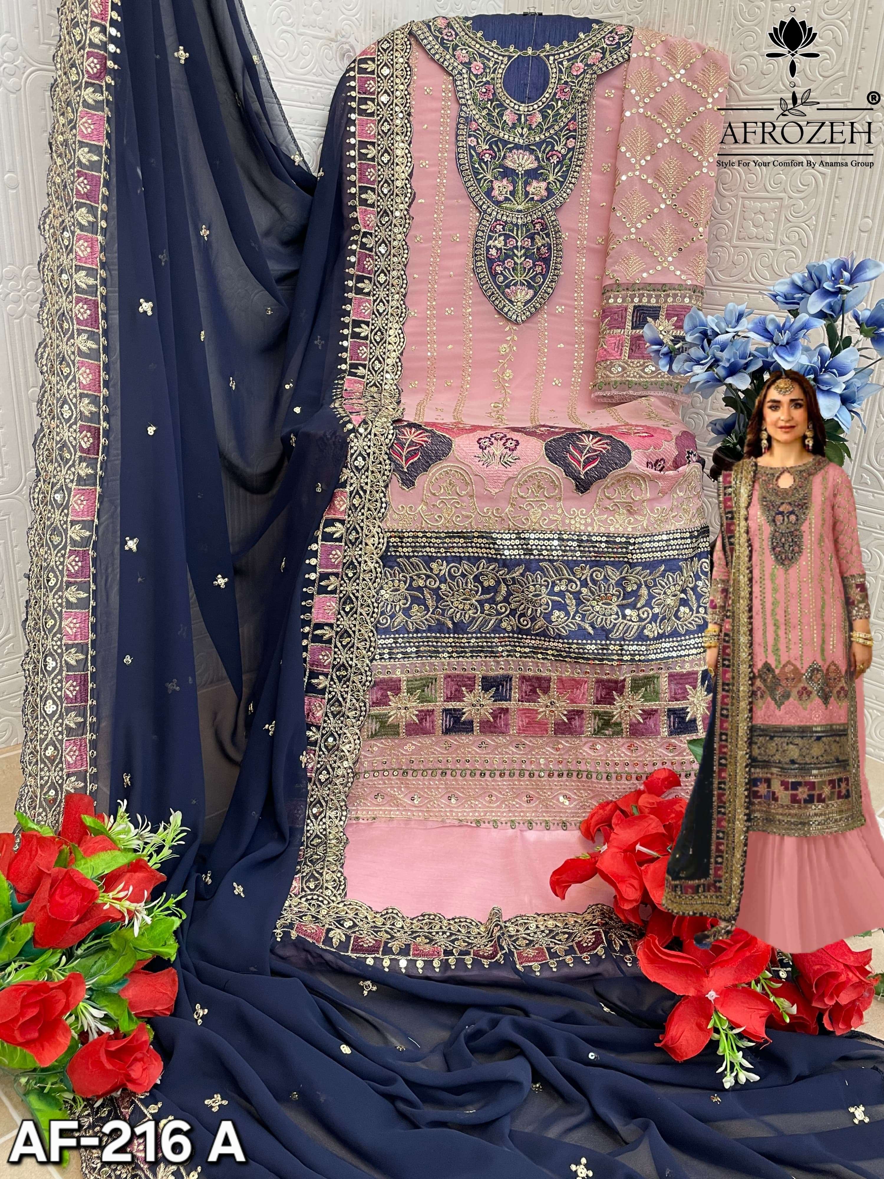 AFROZEH DESIGN NO - 216 ABCD PURE FOX GEORGETTE HEAVY EMBROIDERED PARTY WEAR SUIT 