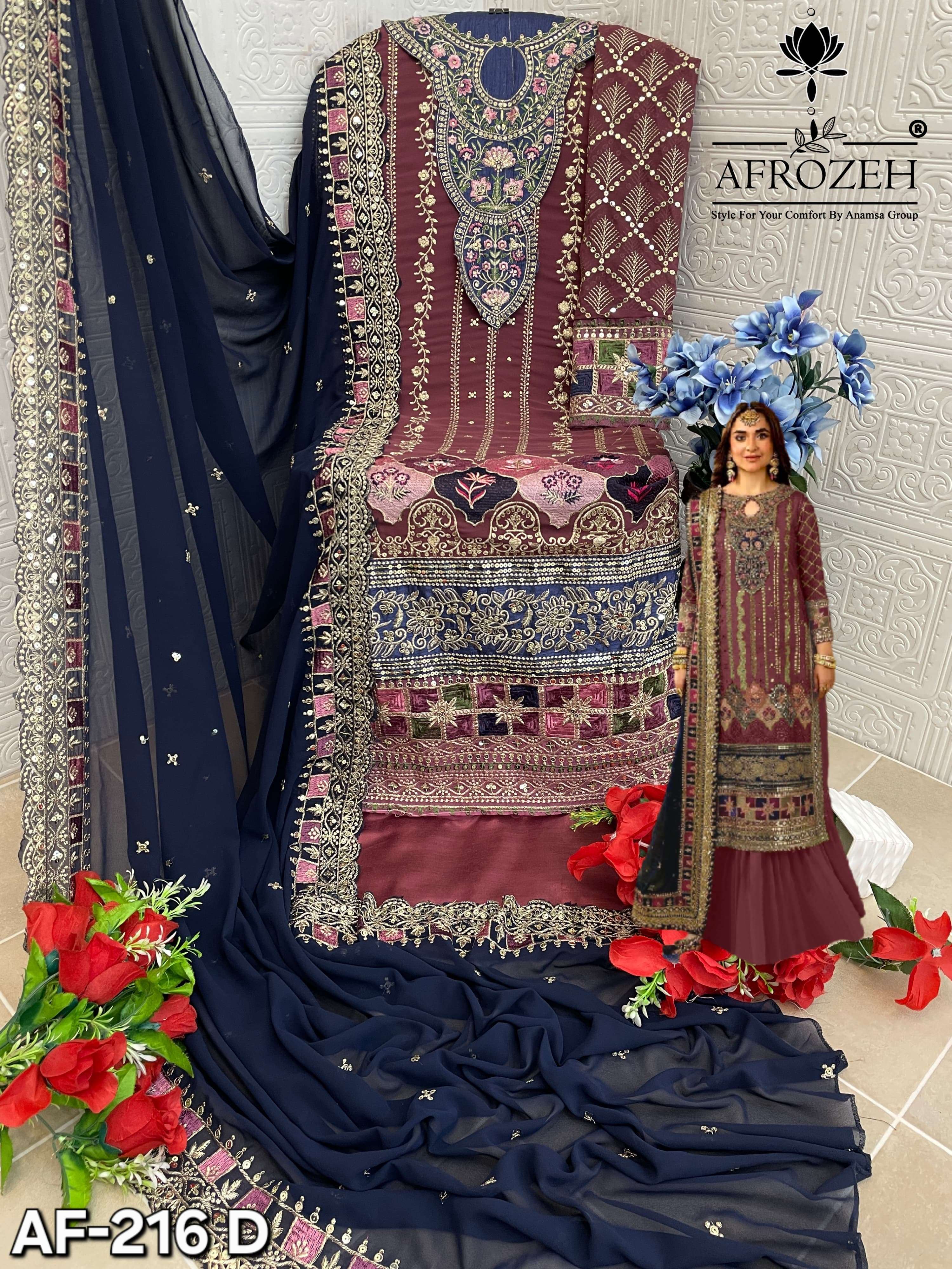AFROZEH DESIGN NO - 216 ABCD PURE FOX GEORGETTE HEAVY EMBROIDERED PARTY WEAR SUIT 