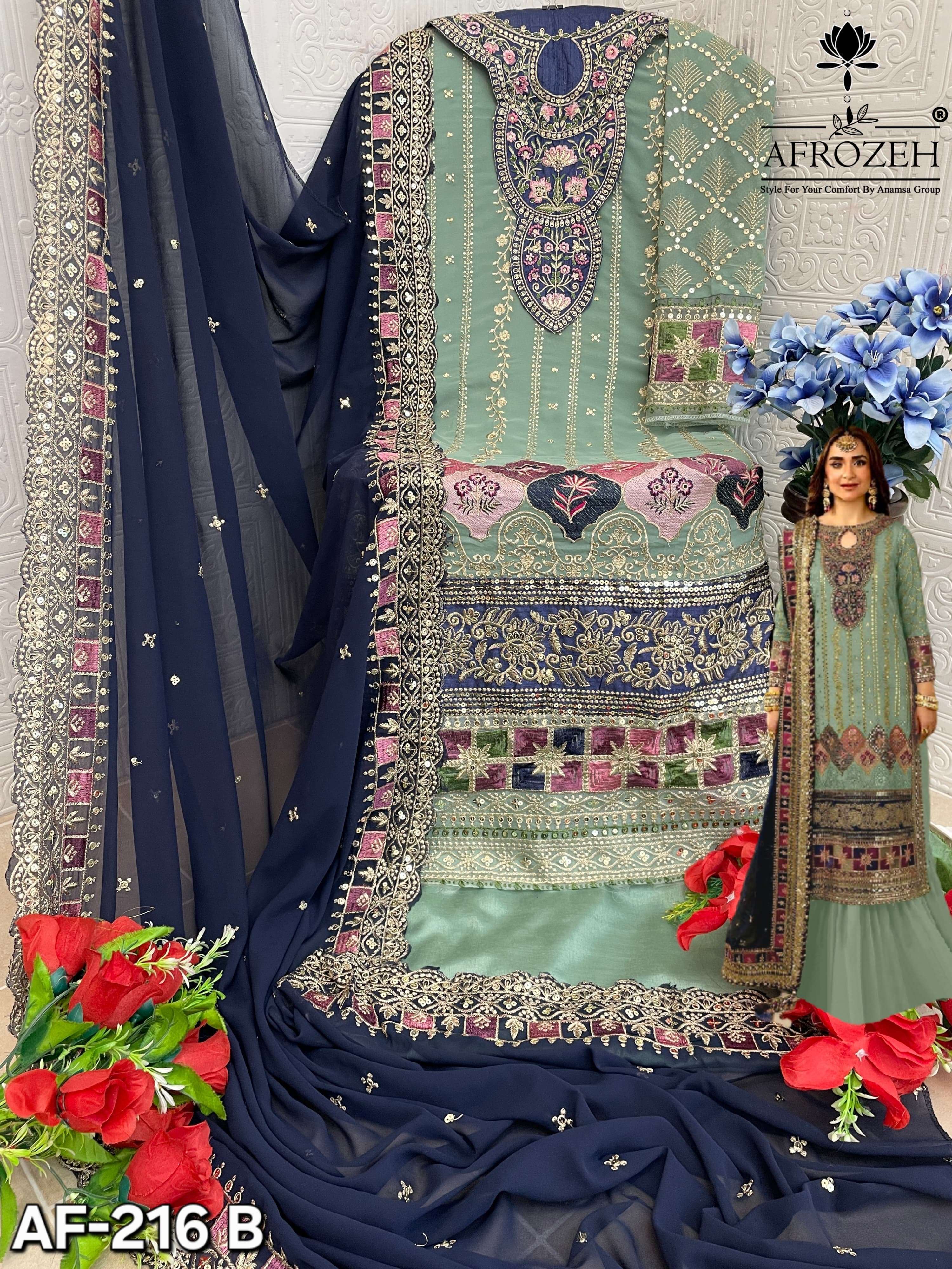 AFROZEH DESIGN NO - 216 ABCD PURE FOX GEORGETTE HEAVY EMBROIDERED PARTY WEAR SUIT 