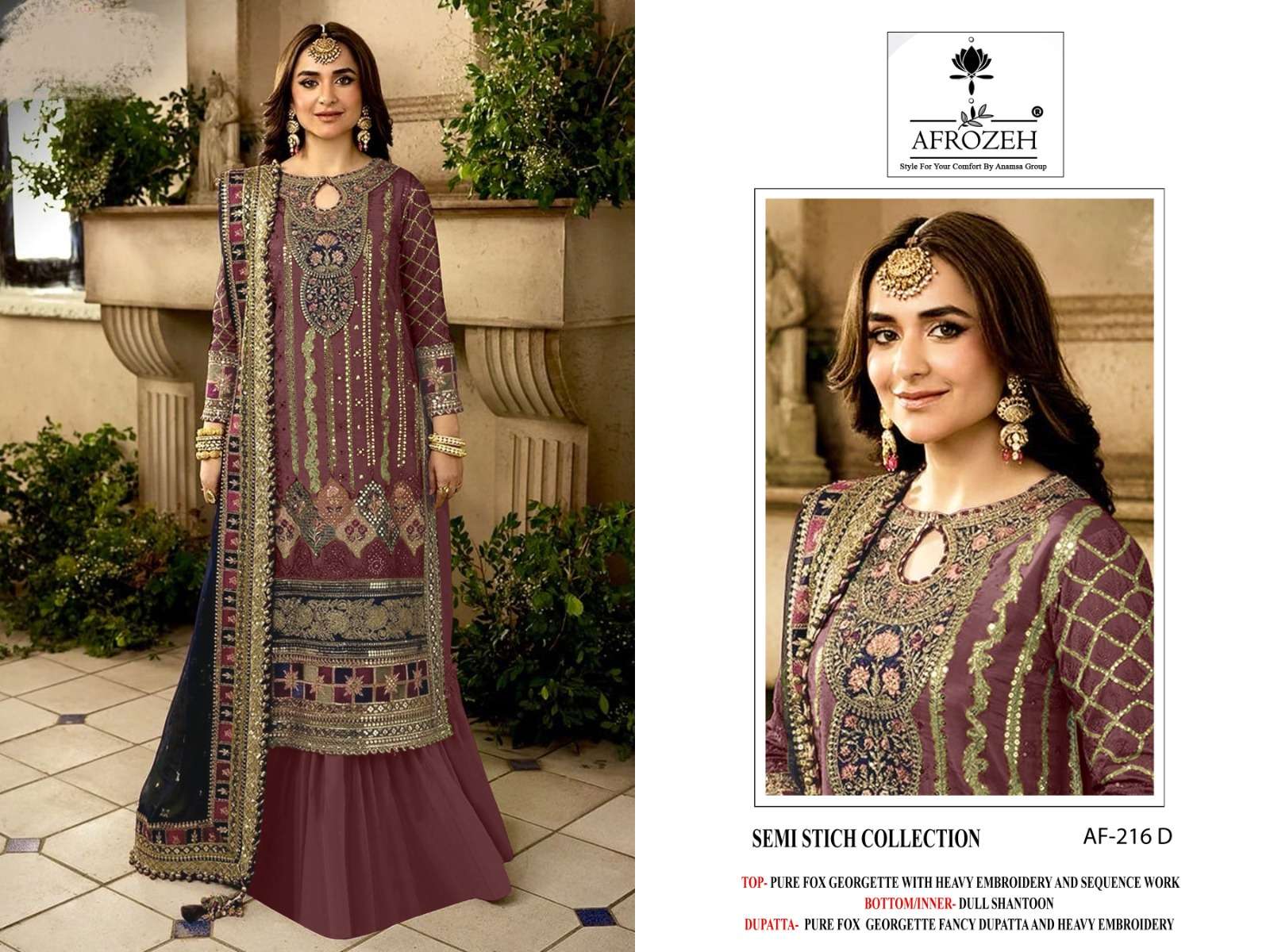 AFROZEH DESIGN NO - 216 ABCD PURE FOX GEORGETTE HEAVY EMBROIDERED PARTY WEAR SUIT 