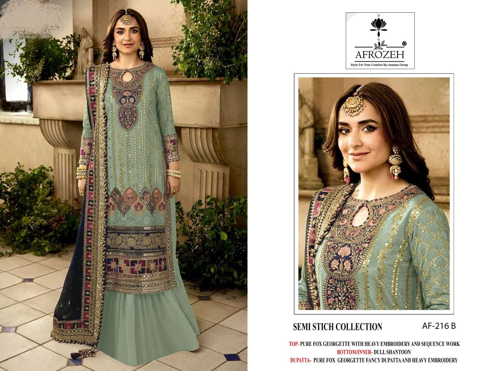 AFROZEH DESIGN NO - 216 ABCD PURE FOX GEORGETTE HEAVY EMBROIDERED PARTY WEAR SUIT 