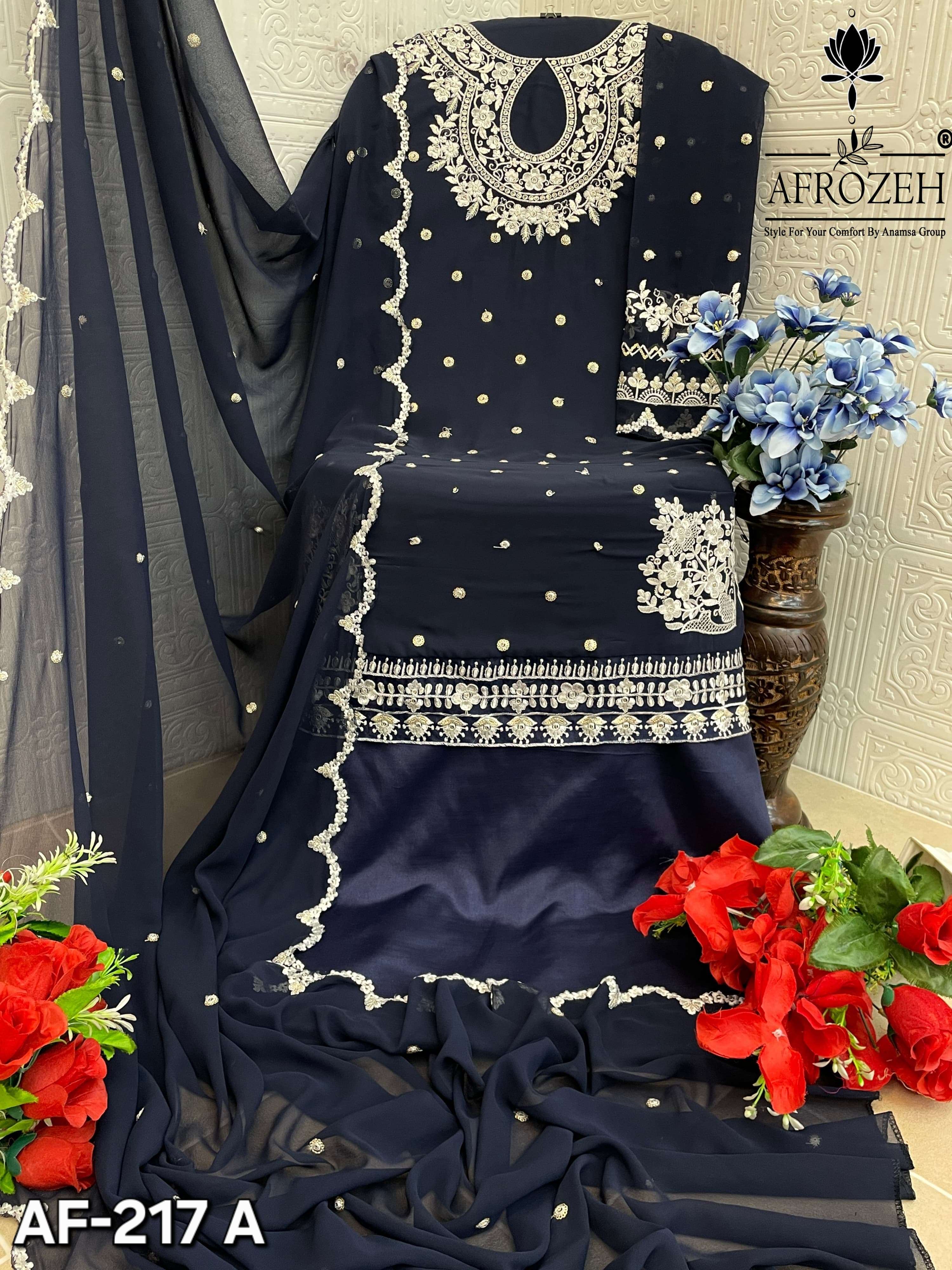 AFROZEH DESIGN NO - 217 ABCD PURE FOX GEORGETTE HEAVY EMBROIDERED PARTY WEAR SUIT 