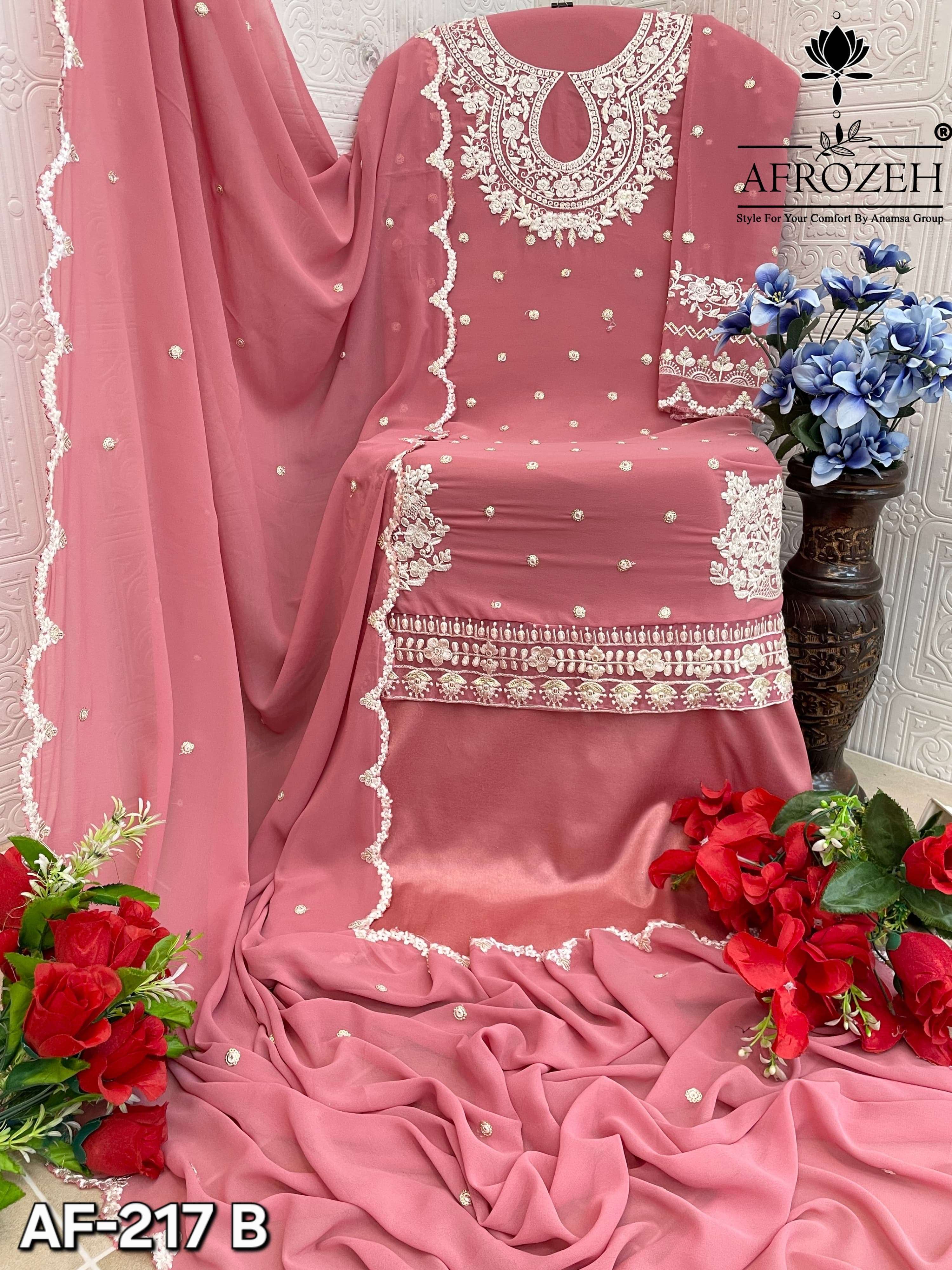 AFROZEH DESIGN NO - 217 ABCD PURE FOX GEORGETTE HEAVY EMBROIDERED PARTY WEAR SUIT 