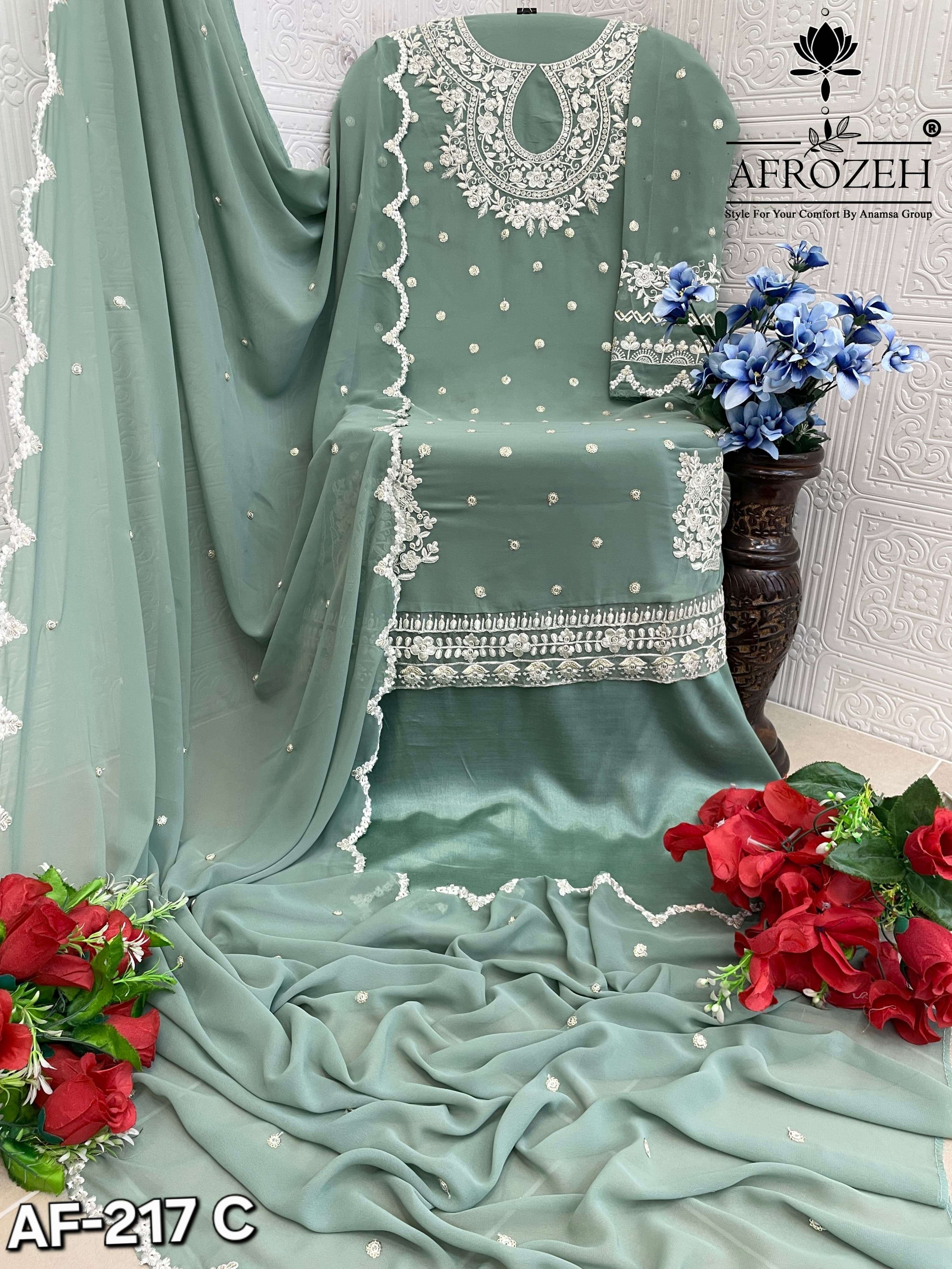 AFROZEH DESIGN NO - 217 ABCD PURE FOX GEORGETTE HEAVY EMBROIDERED PARTY WEAR SUIT 