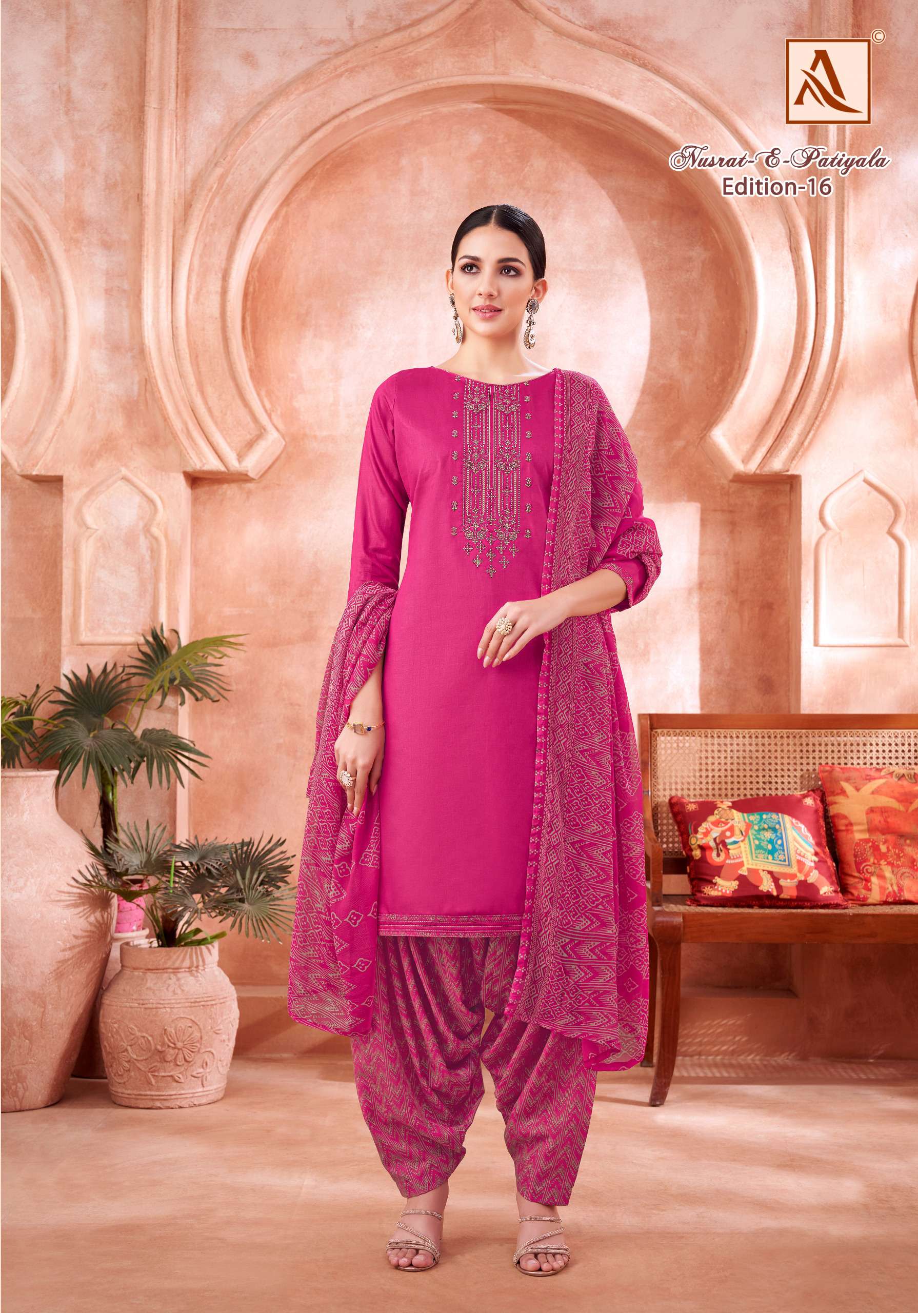 ALOK SUITS NUSRAT E PATIYALA EDITION VOL 16 JAM COTTON PRINT FANCY WORK SUIT