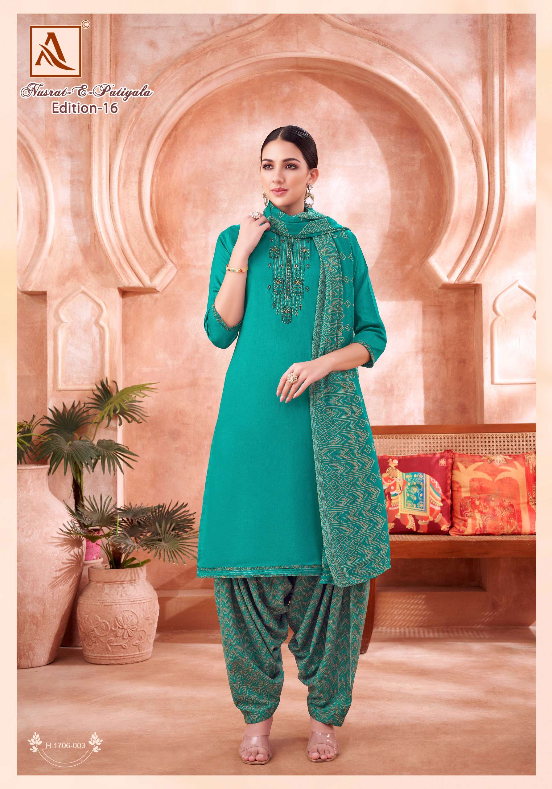 ALOK SUITS NUSRAT E PATIYALA EDITION VOL 16 JAM COTTON PRINT FANCY WORK SUIT