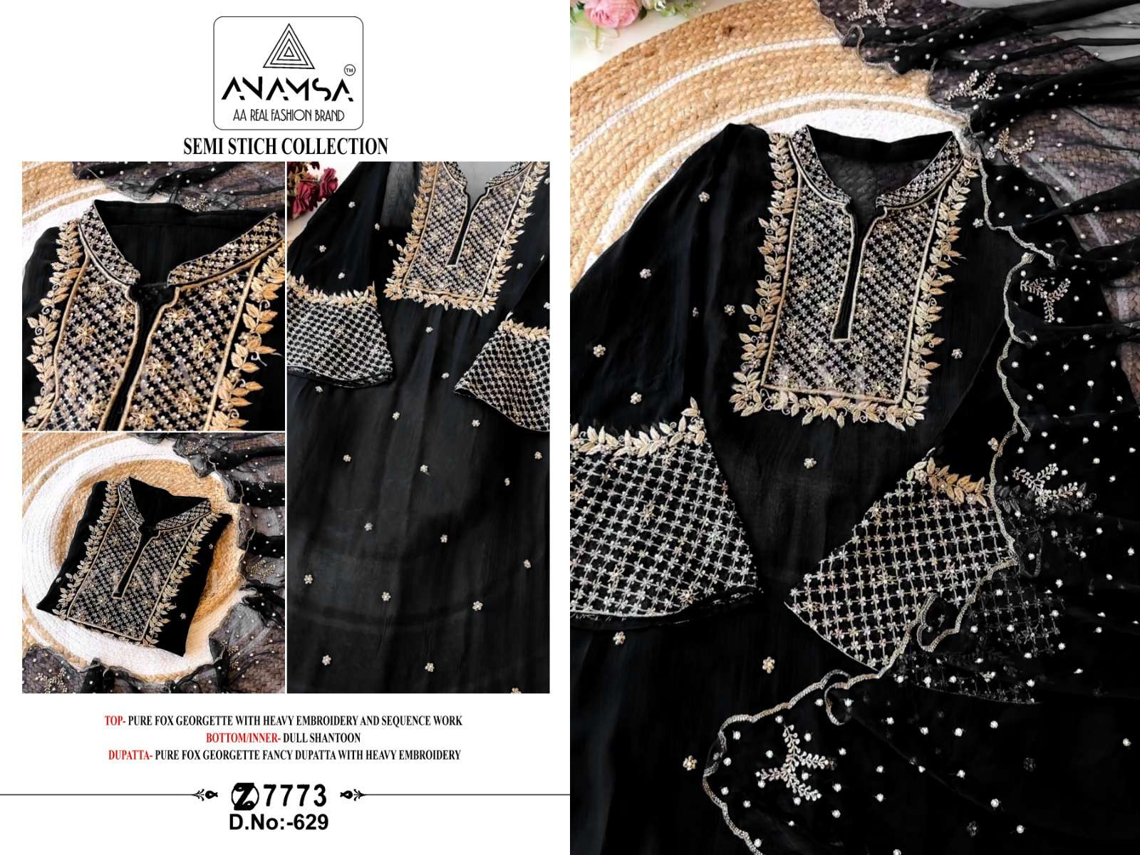 ANAMSA - 629 PURE FOX GEORGETTE HEAVY EMBROIDERED BEAUTIFUL DESIGN PARTY WEAR SUIT
