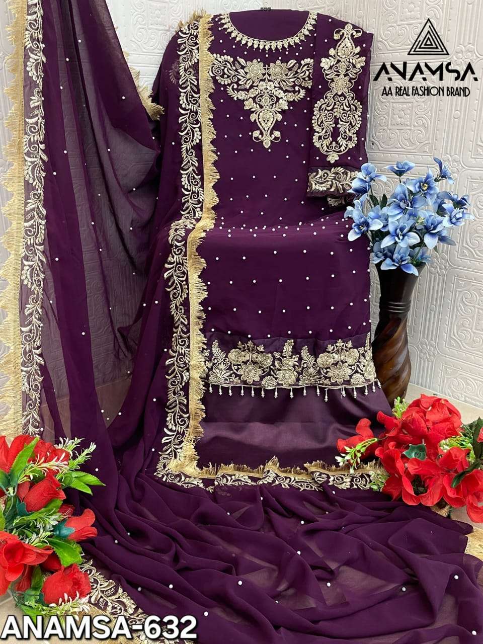 ANAMSA - 632 PURE FOX GEORGETTE BEAUTIFUL DESIGN HEAVY EMBROIDERED PARTY WEAR SUIT