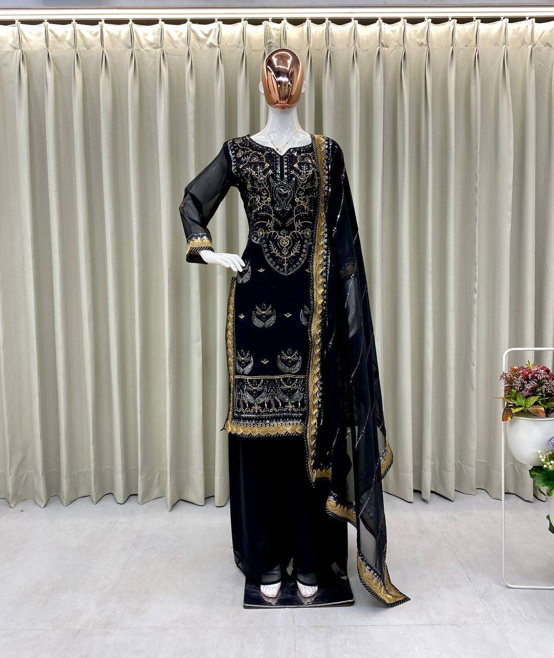 BE 300 BLACK GEORGETTE HEAVY EMBROIDERED PAKISTANI SUIT